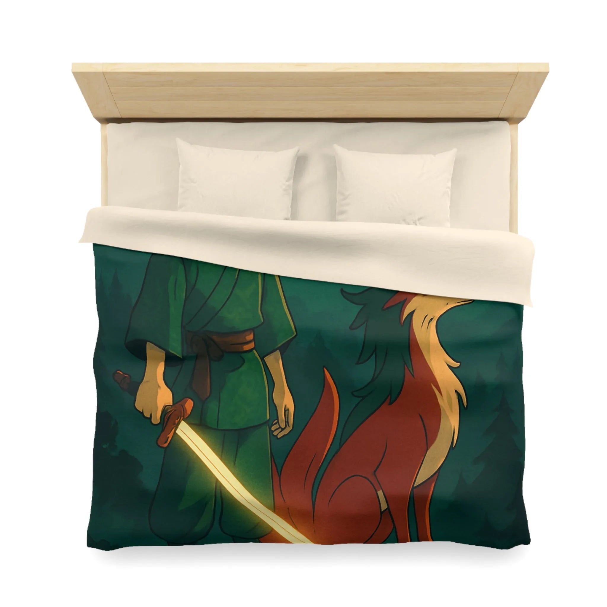 Housse de couette épique avec lune rouge, scène mystique et créature légendaire