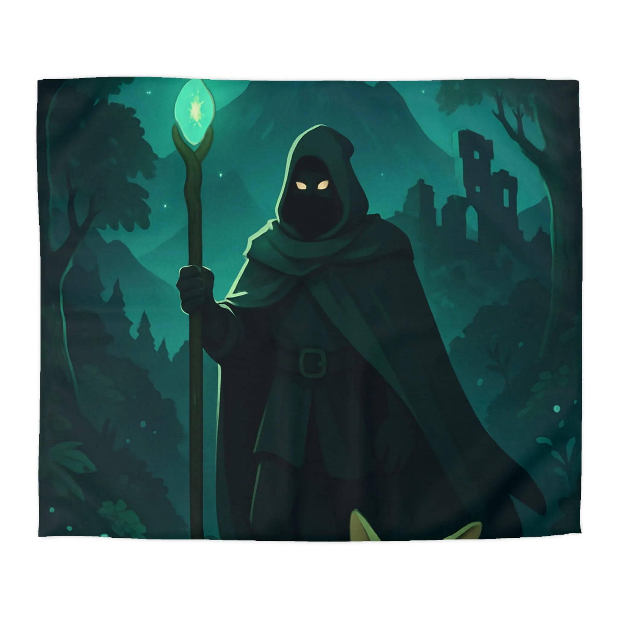 Housse de couette magique avec sorcier nocturne et créature enchantée sous lune étoilée