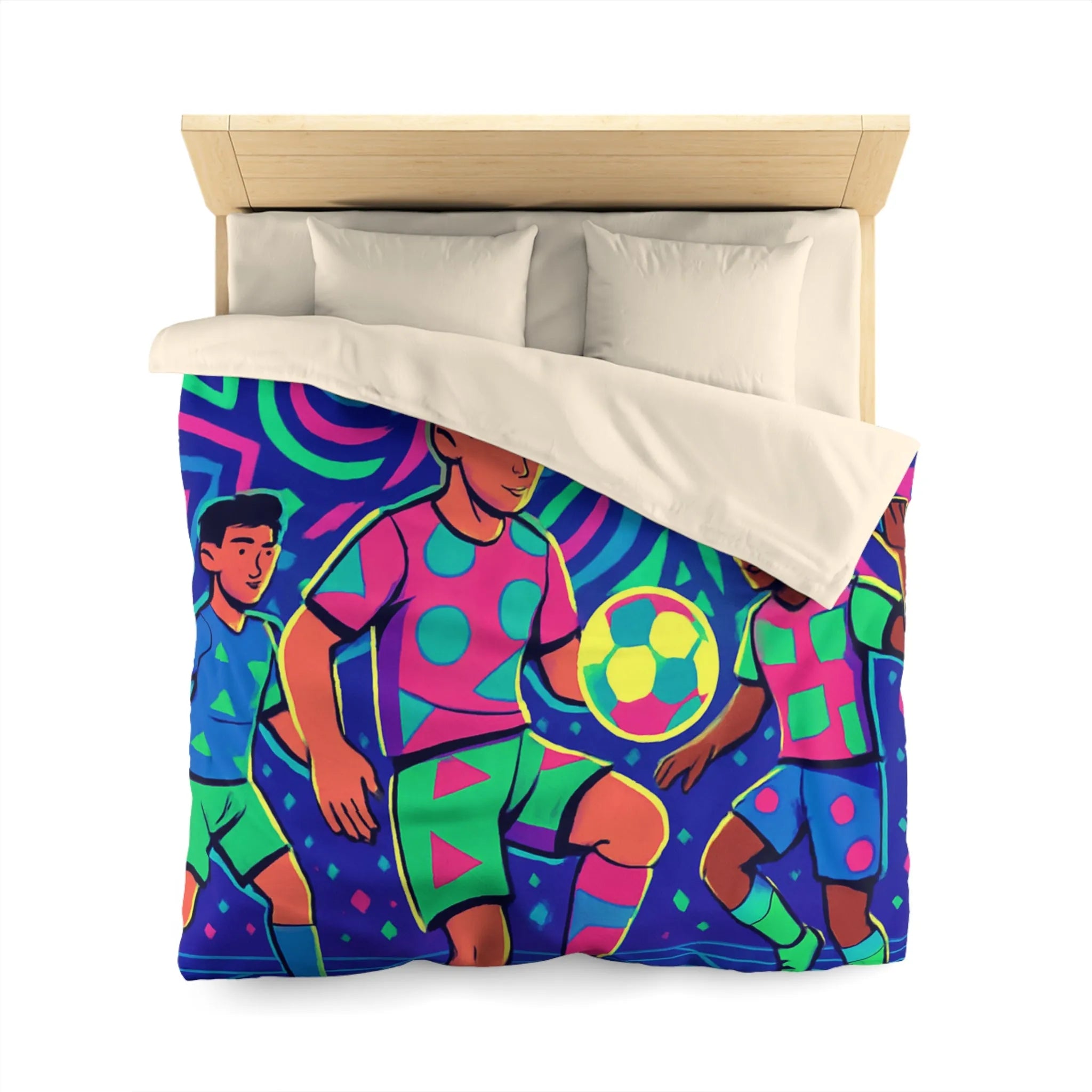 Housse de Couette Football Colorée avec Motifs Psychédéliques et Jeunes Joueurs en Action