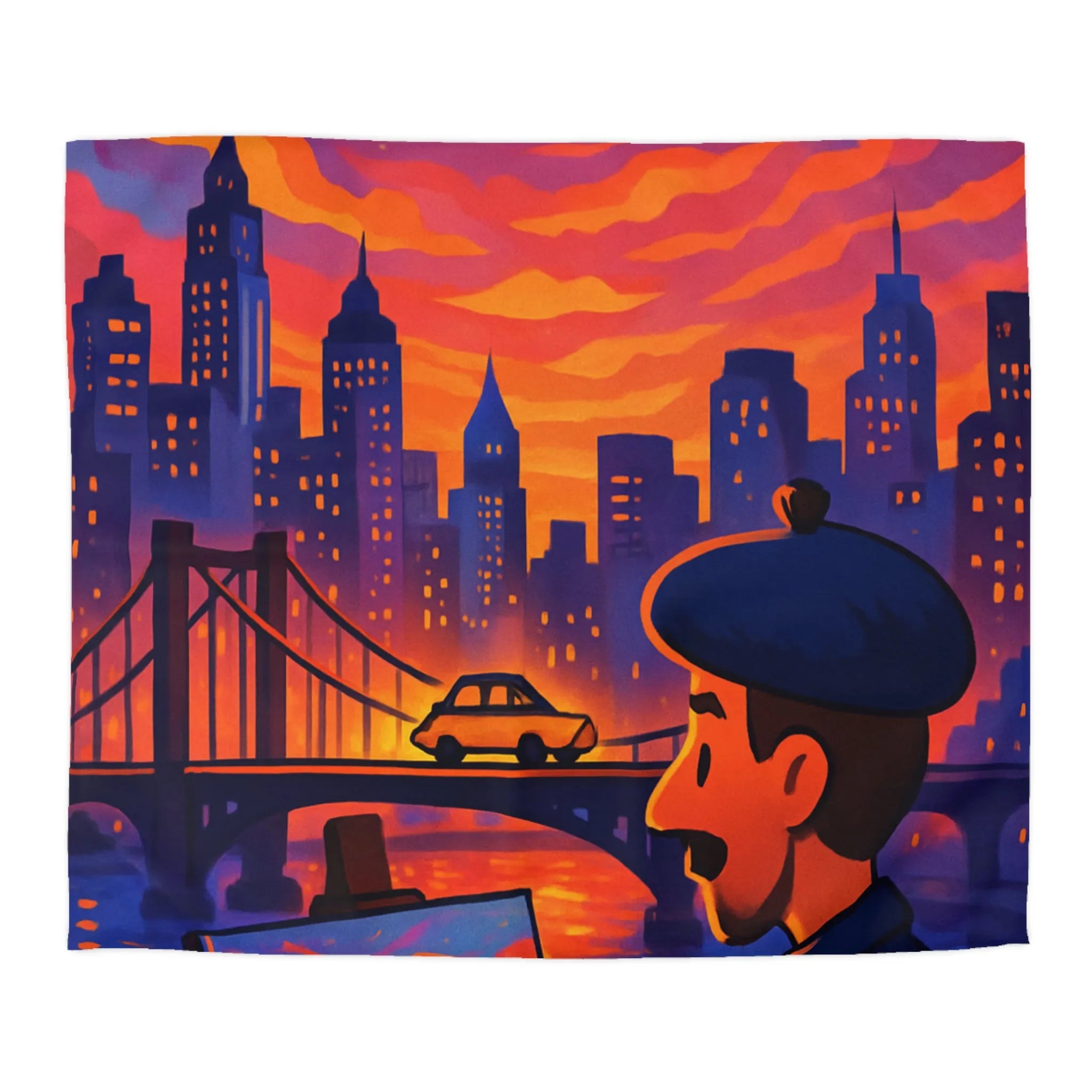 Housse de Couette Artiste Peignant Pont Cityscape Coucher de Soleil Vibrant