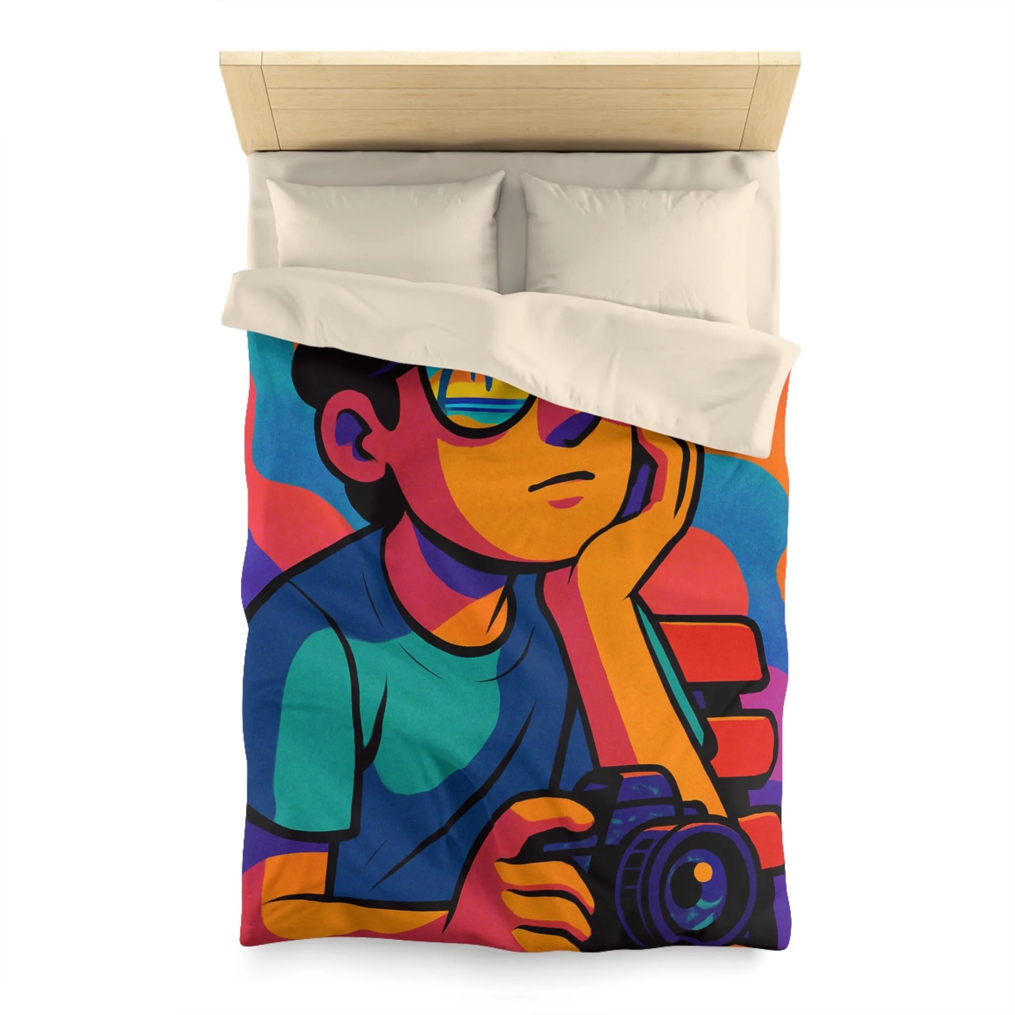 Housse de couette animée jeune rêveur lunettes de soleil et appareil photo colorés