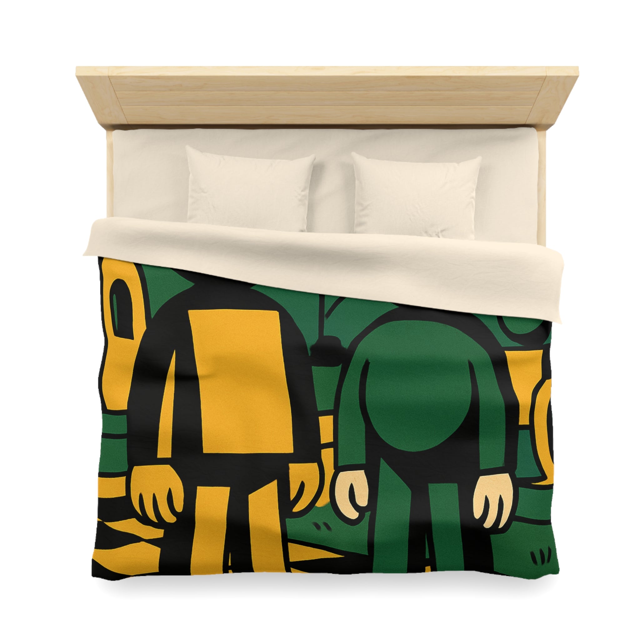 Housse de couette style pop-art cartoon avec personnages et paysage graphique original