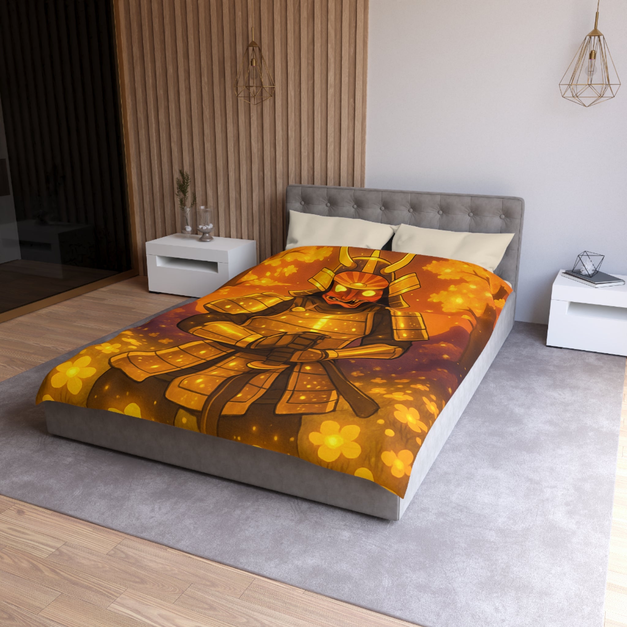 Housse de couette samouraï doré dans forêt magique, ambiance légendaire pour chambre zen