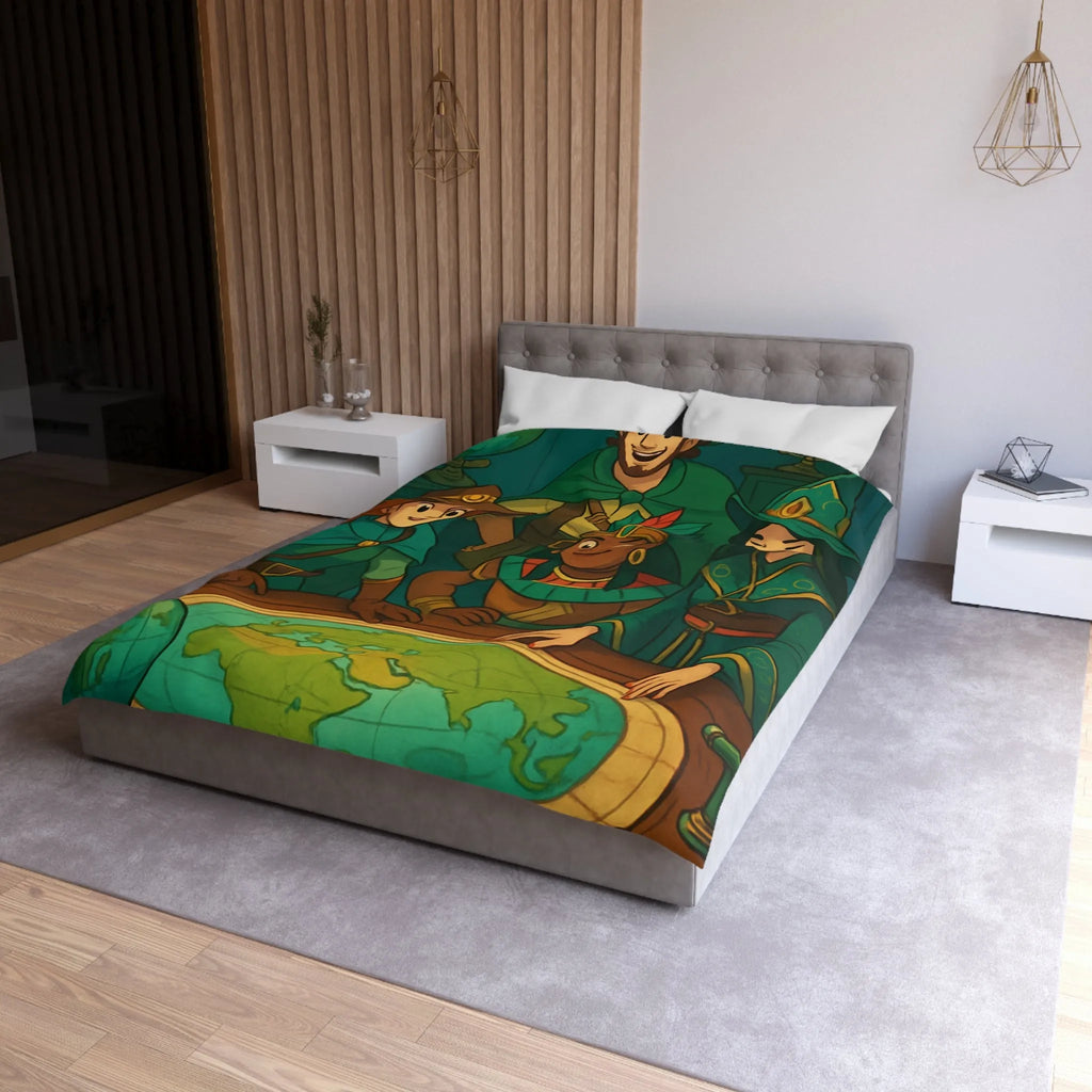 Housse de couette aventuriers explorateurs carte monde globe chapeaux costumes colorés ambiance ludique