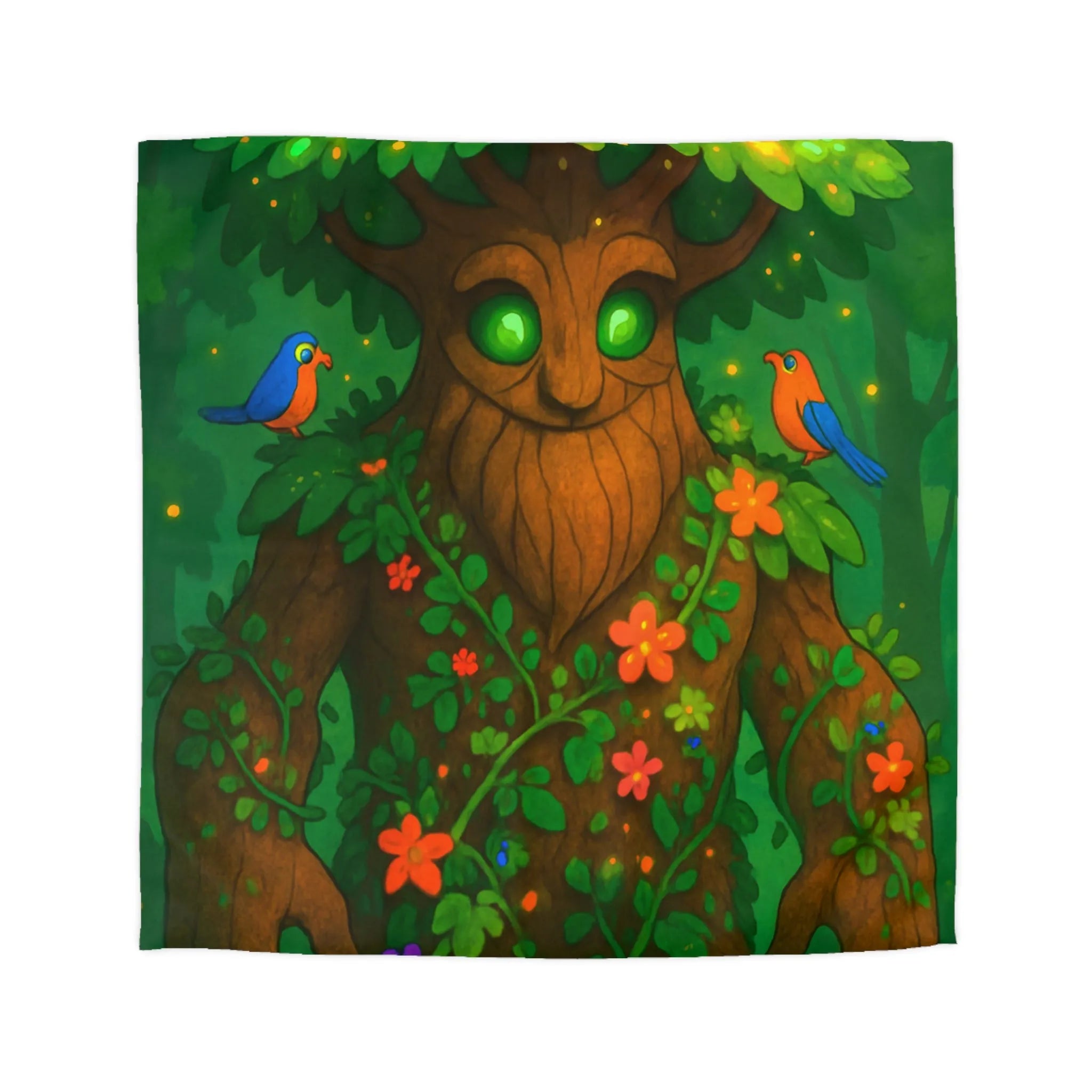 Housse de couette magique avec créature arborescente et oiseaux colorés en forêt enchantée