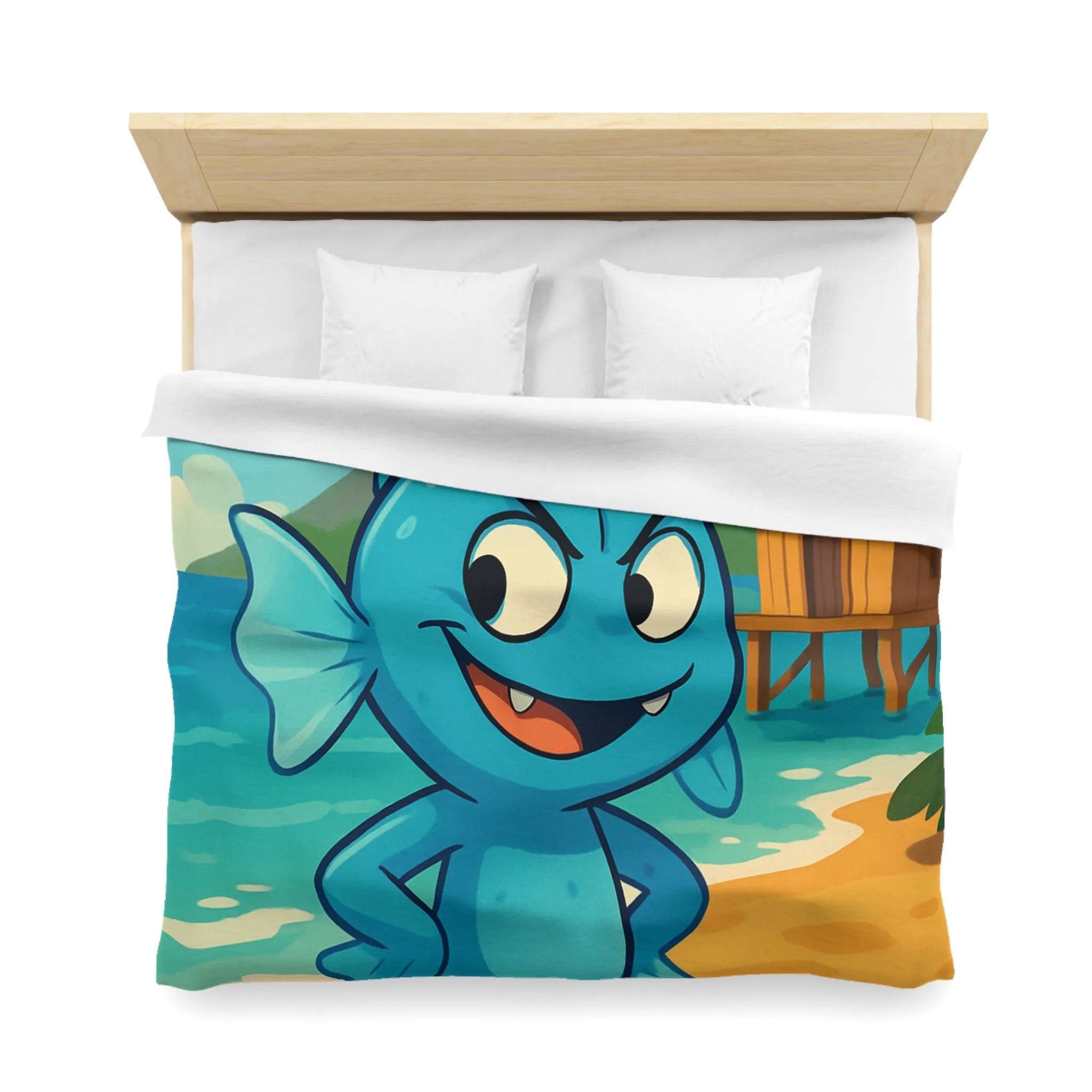 Housse de couette île tropicale avec poisson bleu et volcan en arrière-plan