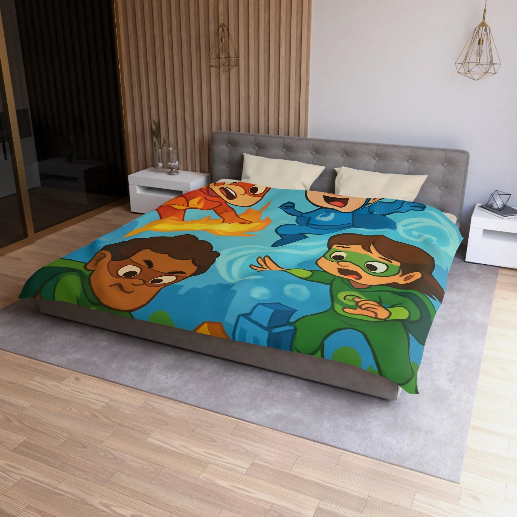 Housse de couette enfant avec super-héros colorés en action dans une ville imaginaire