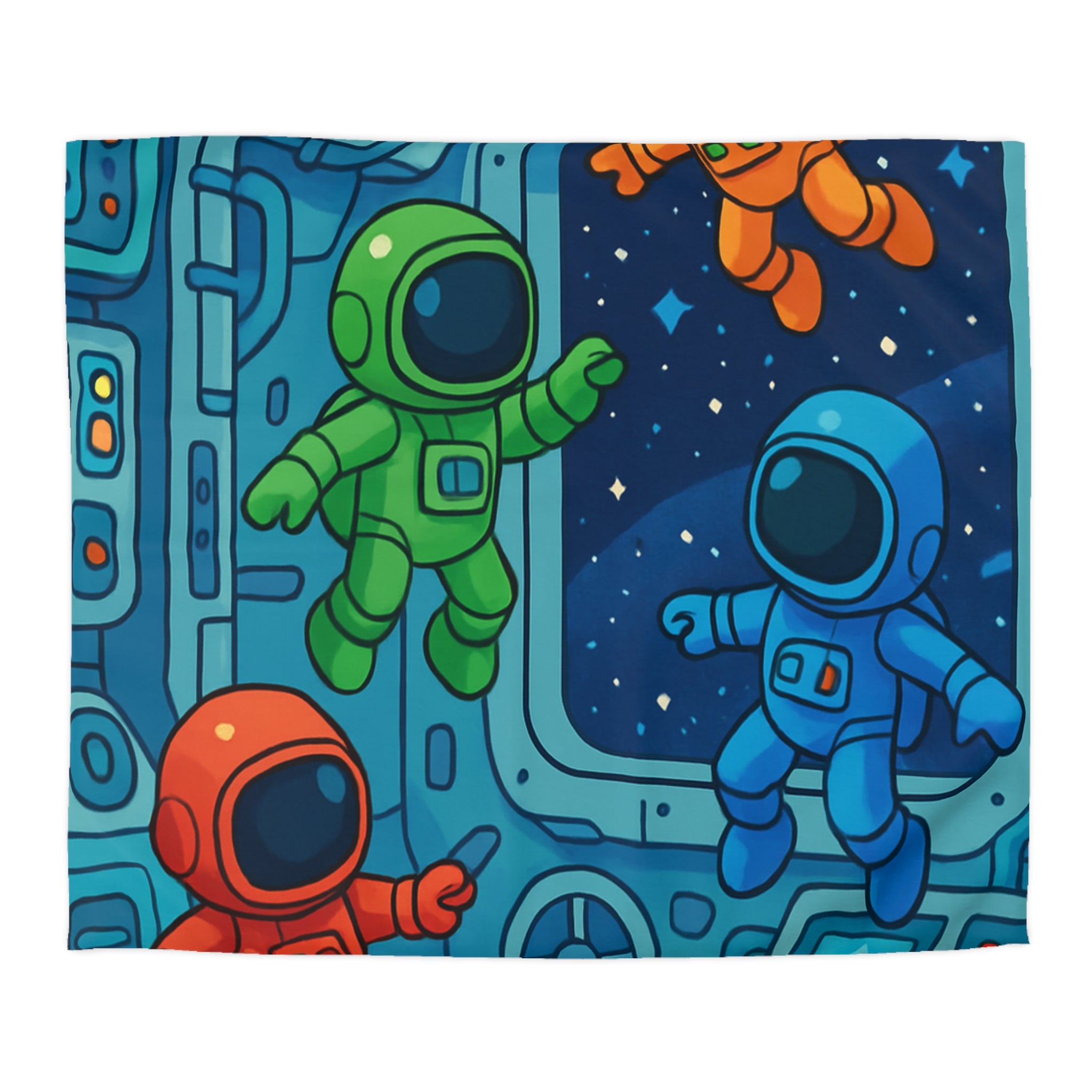 Quatre Astronautes Colorés Flottant Joyeusement Dans Une Station Spatiale Avec Vue Sur Étoiles