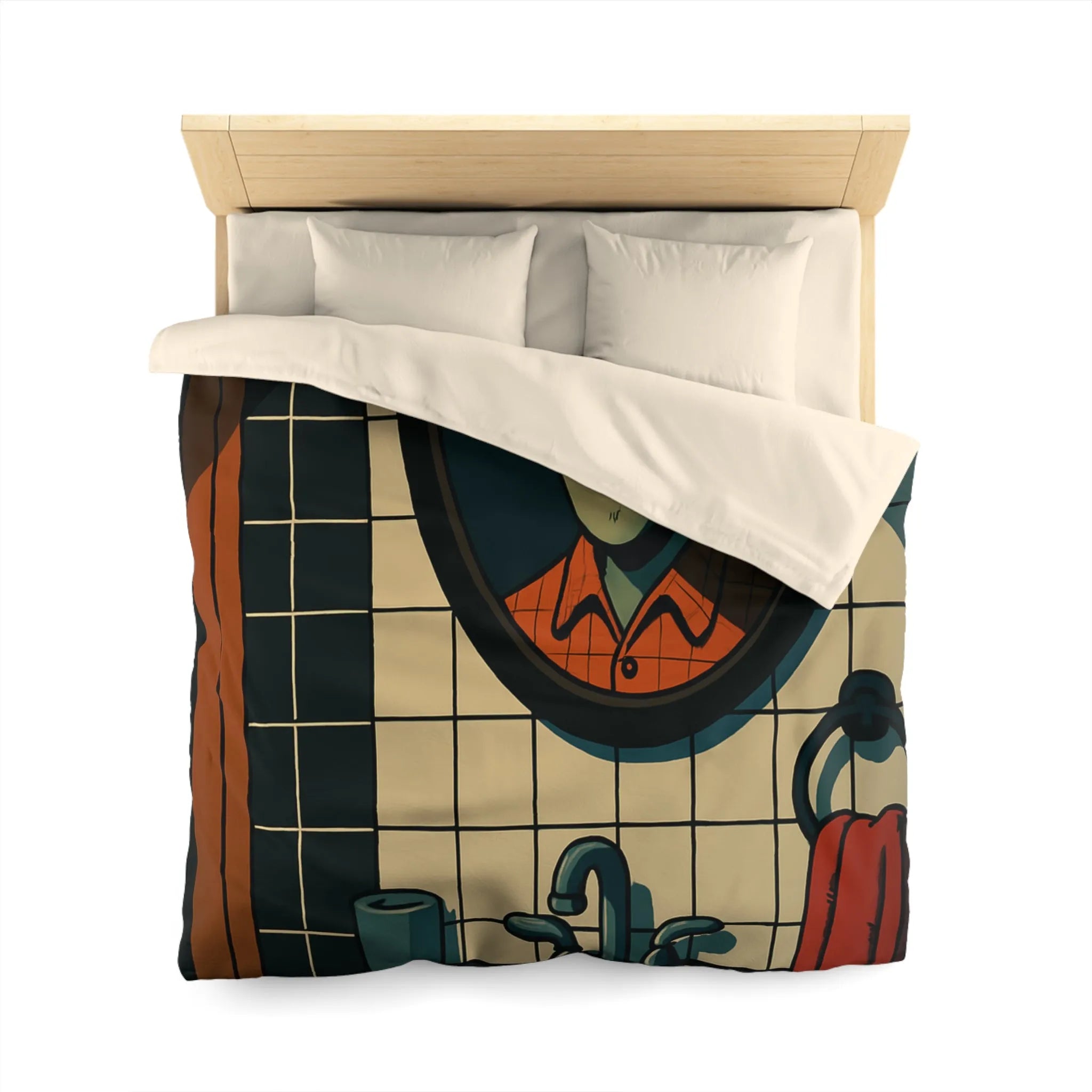 Housse de couette graphique avec dessin animé miroir effrayant et carreaux de salle de bain