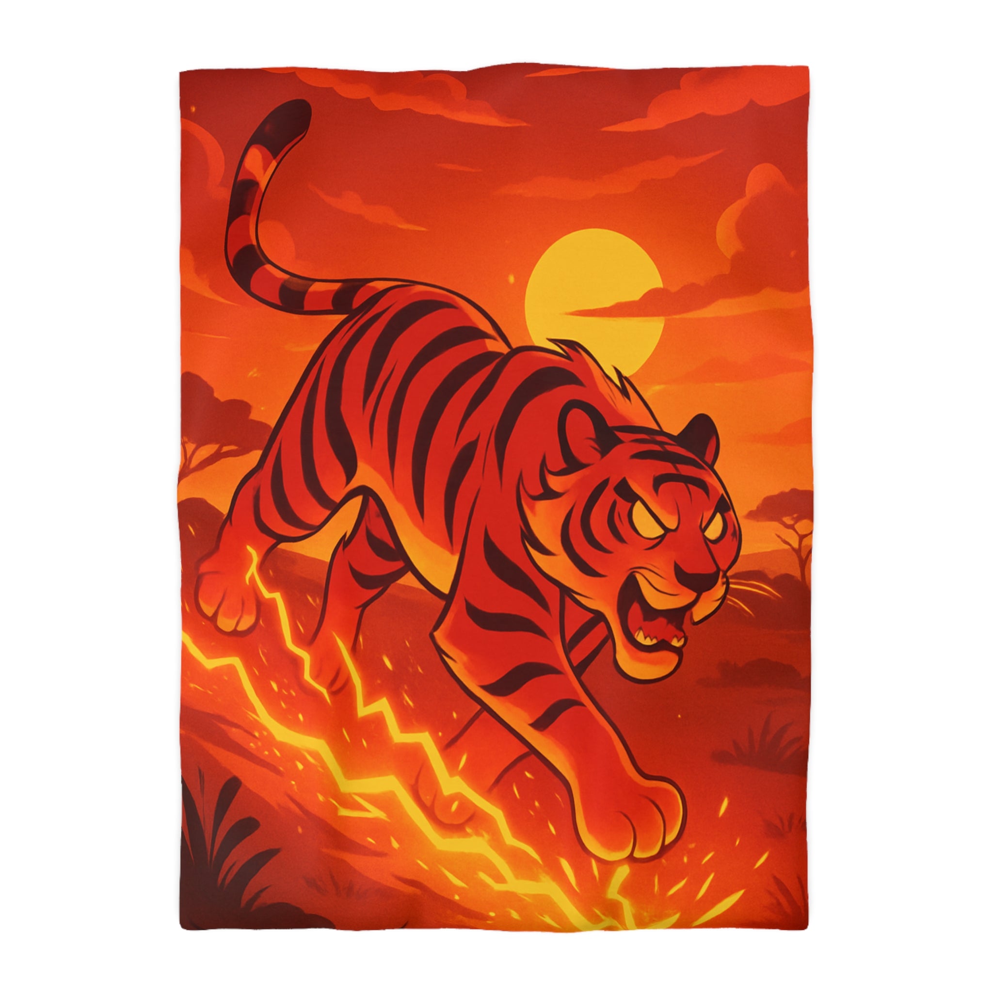Housse de couette tigre dynamique avec coucher de soleil flamboyant en arrière-plan vibrant