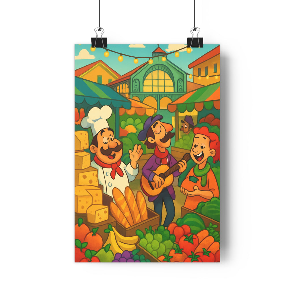 Poster décoratif coloré dessin animé joyeux marché fruits légumes salon cuisine muraux festif élégant