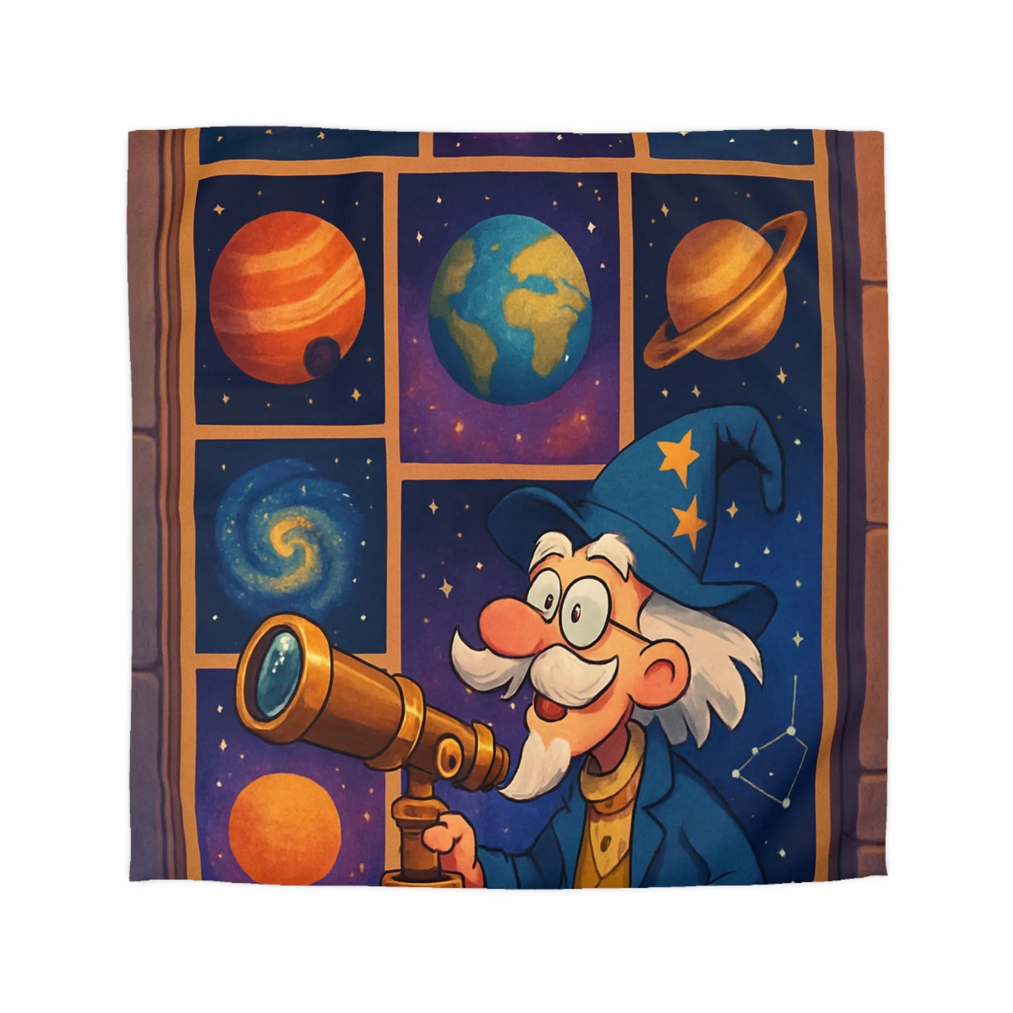 Housse de couette colorée avec astronome et planètes pour chambre d'enfant magique