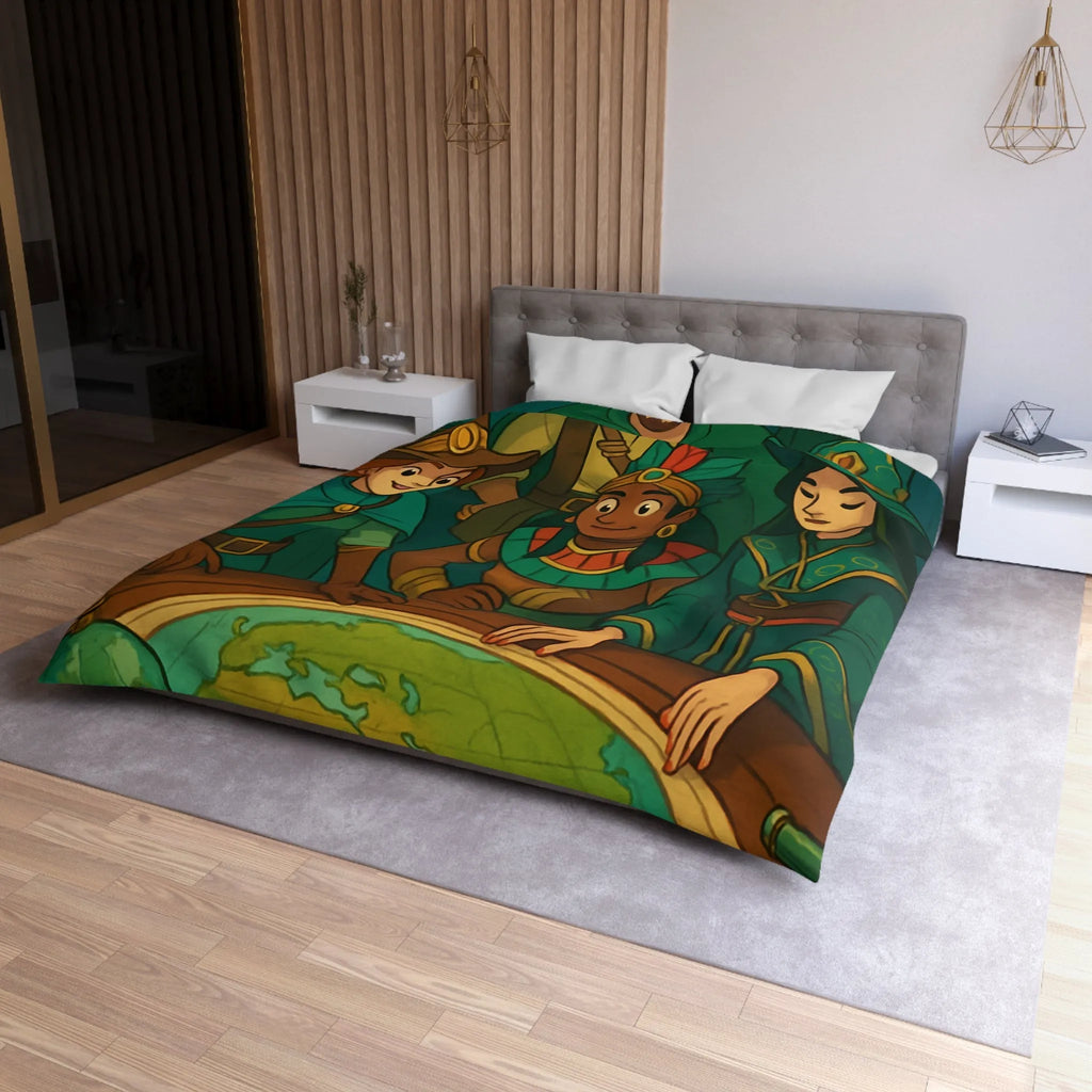 Housse de couette aventuriers explorateurs carte monde globe chapeaux costumes colorés ambiance ludique