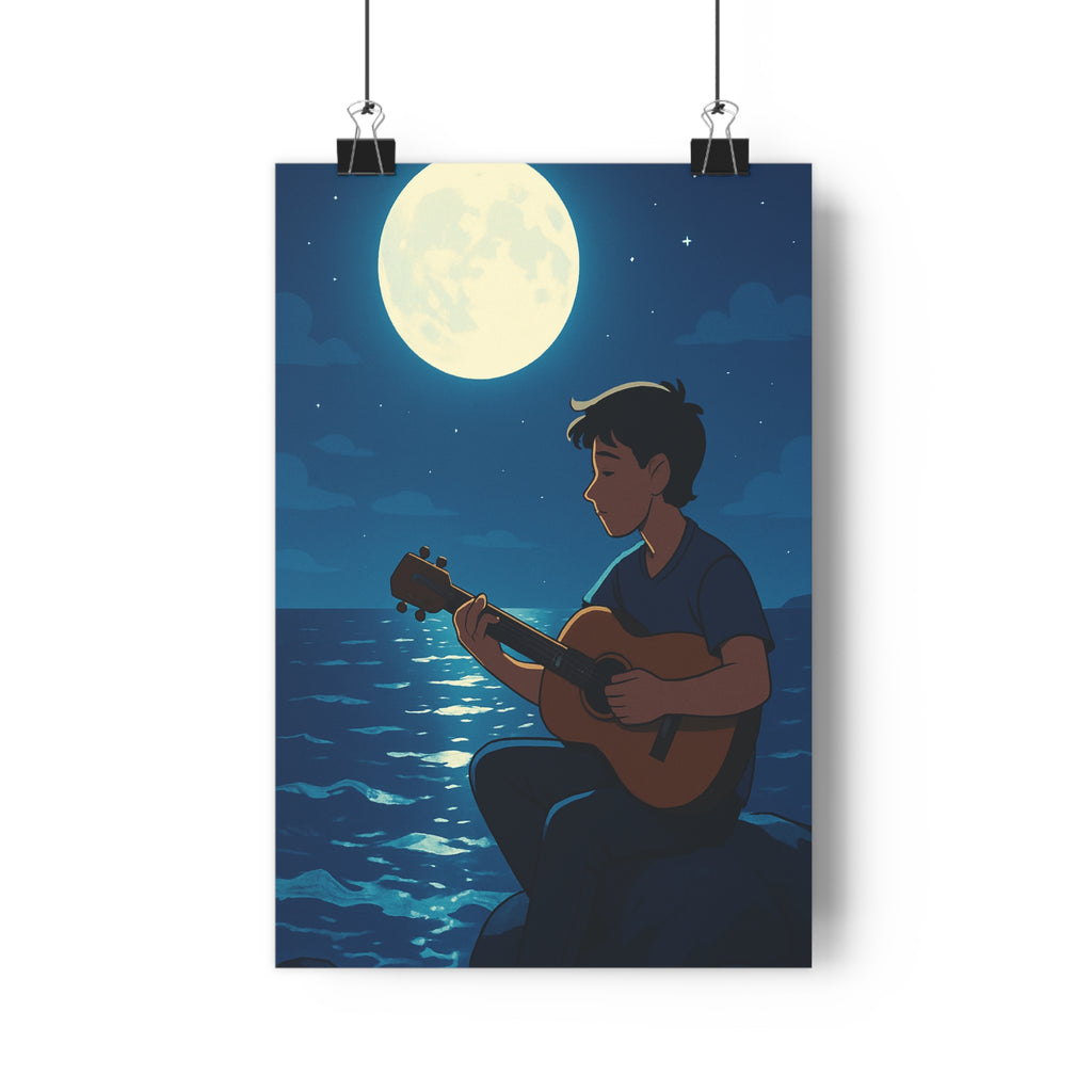 Poster décoratif lune guitare garçon dessin animé mer bleu jaune apaisant ambiance sereine chambre