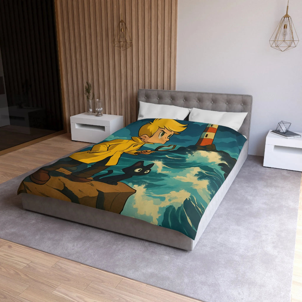 Housse de Couette Aventure Enfantine avec Phare, Océan et Chat Mystérieux