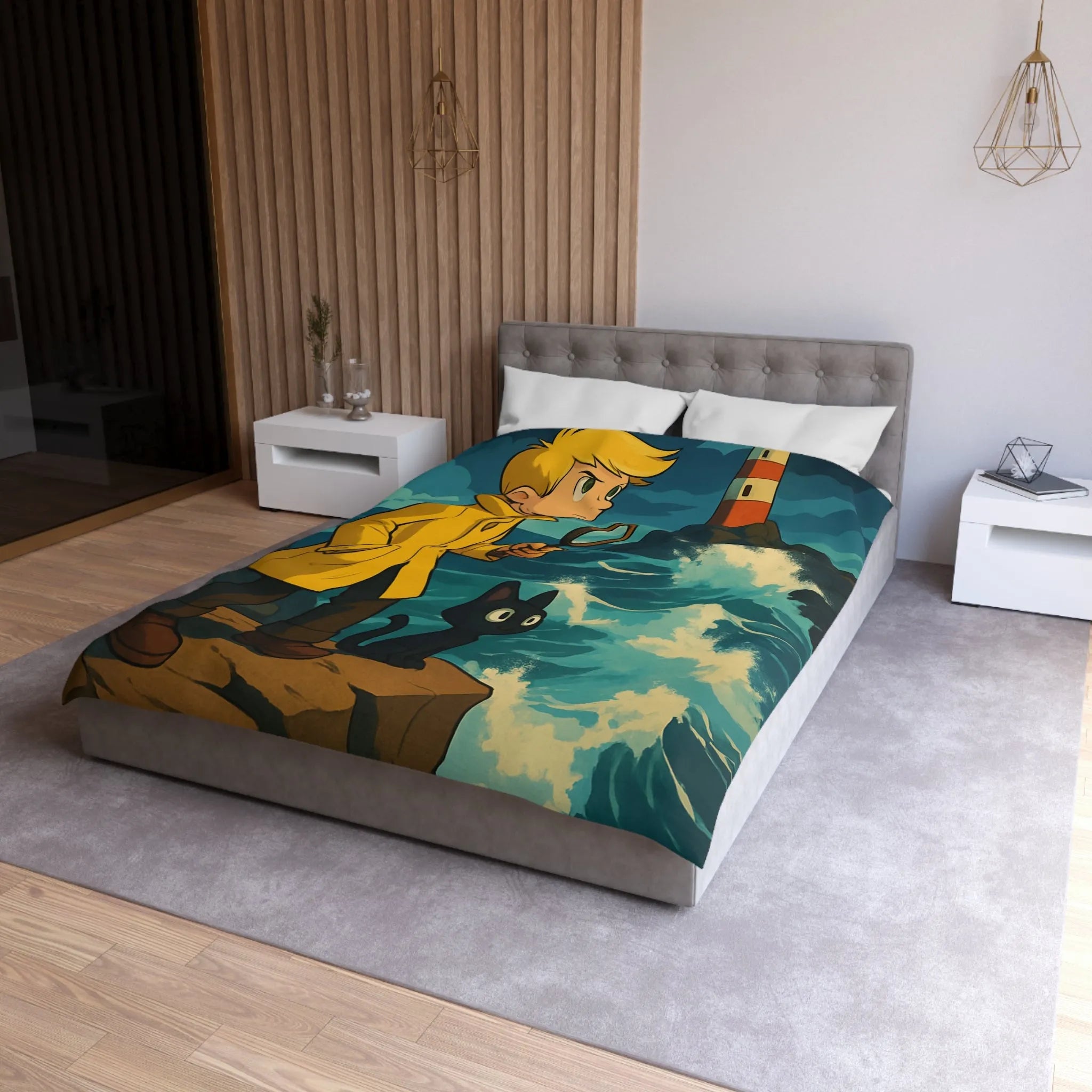 Housse de Couette Aventure Enfantine avec Phare, Océan et Chat Mystérieux