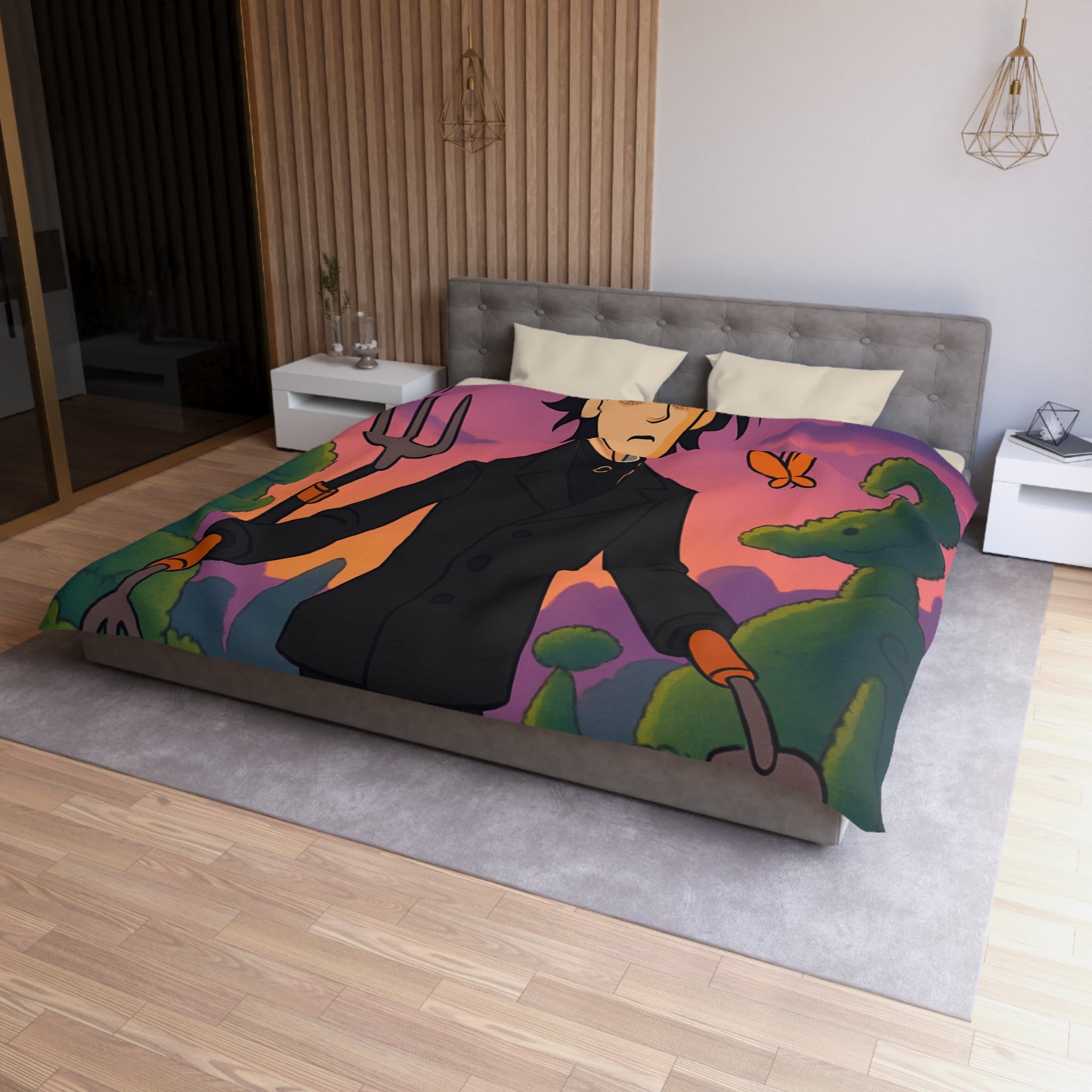 Housse de couette stylée avec personnage rêveur, jardin magique et papillons colorés