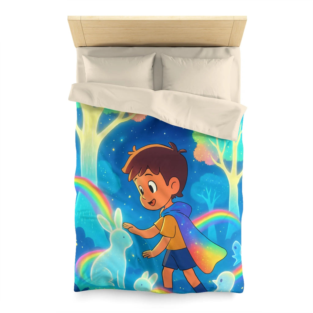 Housse de couette enfantine aux créatures lumineuses et arcs-en-ciel dans forêt enchantée