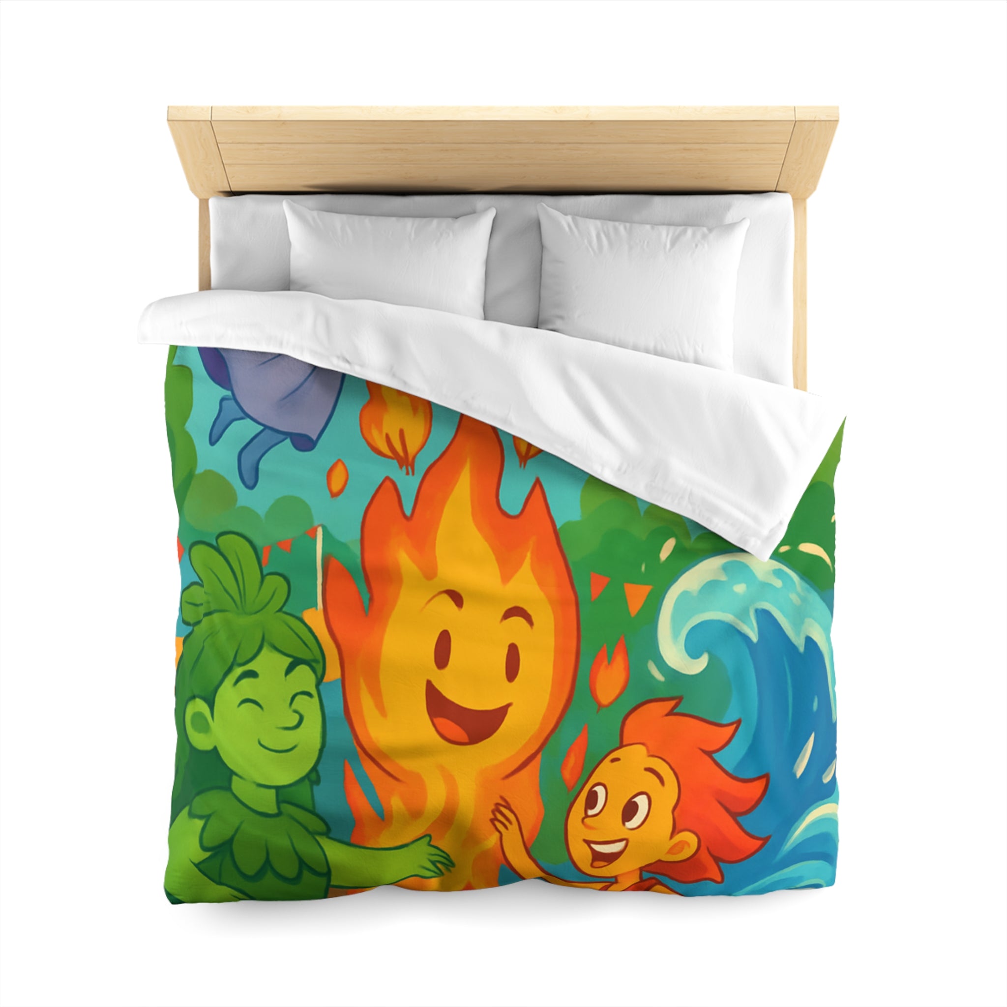 Housse de couette vibrante célébrant les quatre éléments dans un style ludique coloré