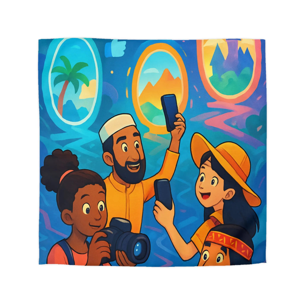 Housse de Couette Illustrée avec Voyageurs et Portails Colorés Scènarisant Destinations de Rêve