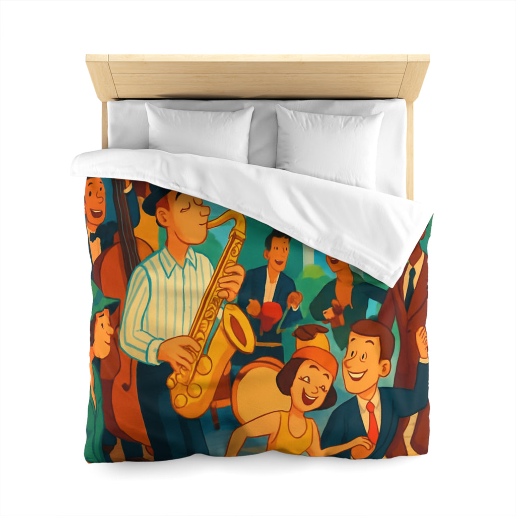 Housse de couette vintage avec scène de musique jazz animée et danse joyeuse