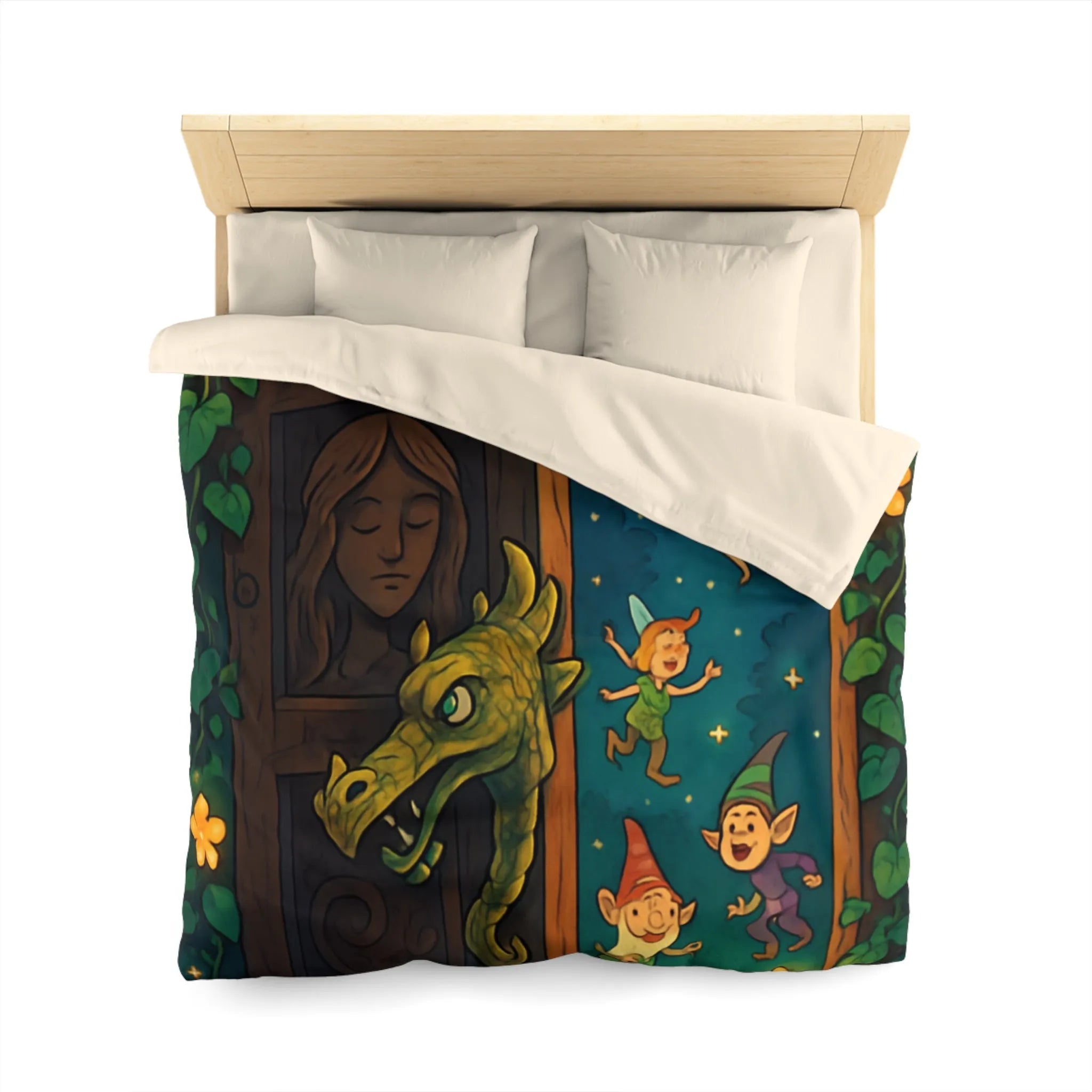 Housse de couette magique avec fées et lutins dans une forêt enchantée la nuit