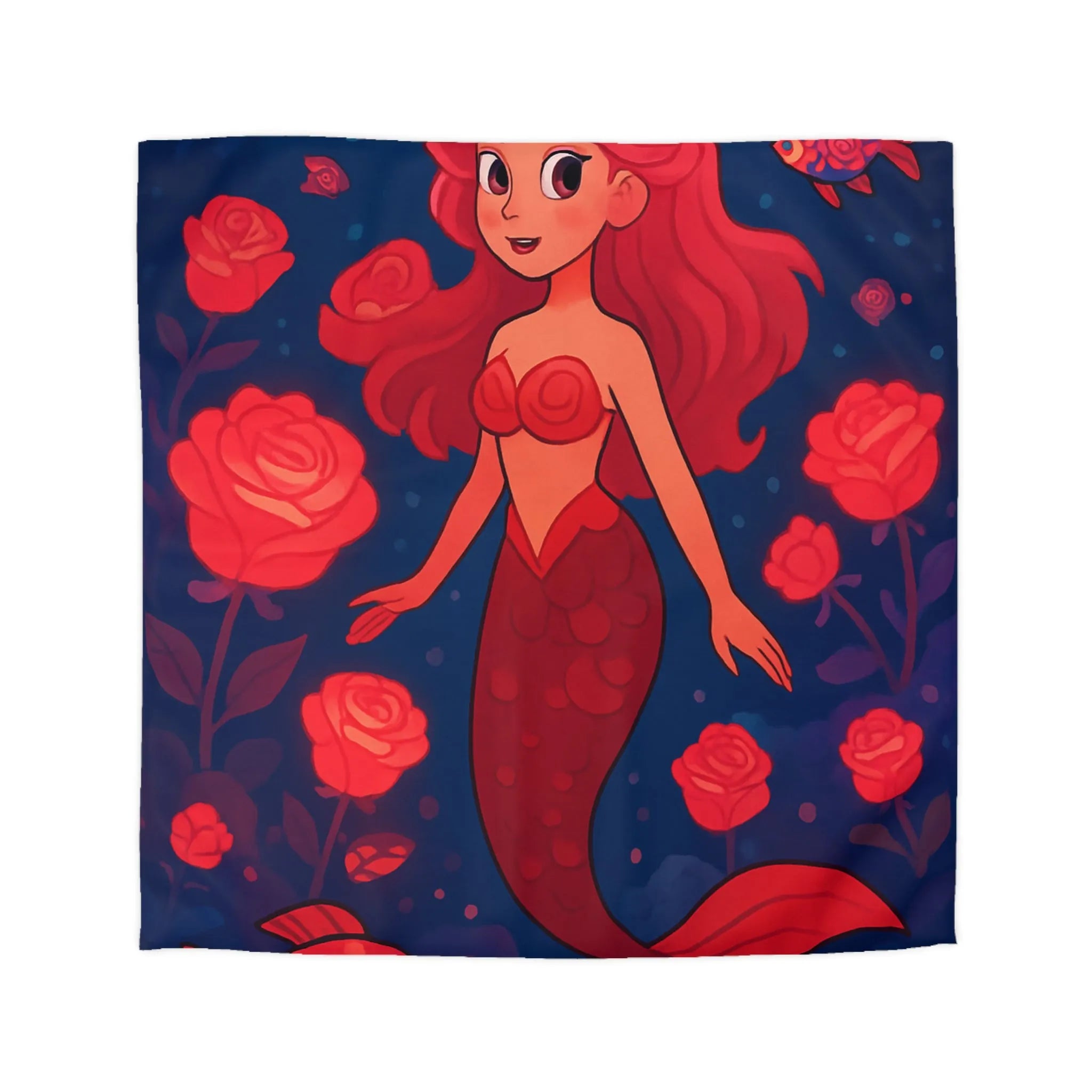 Enchantante scène de sirène rouge entourée de roses lumineuses et poissons fascinants