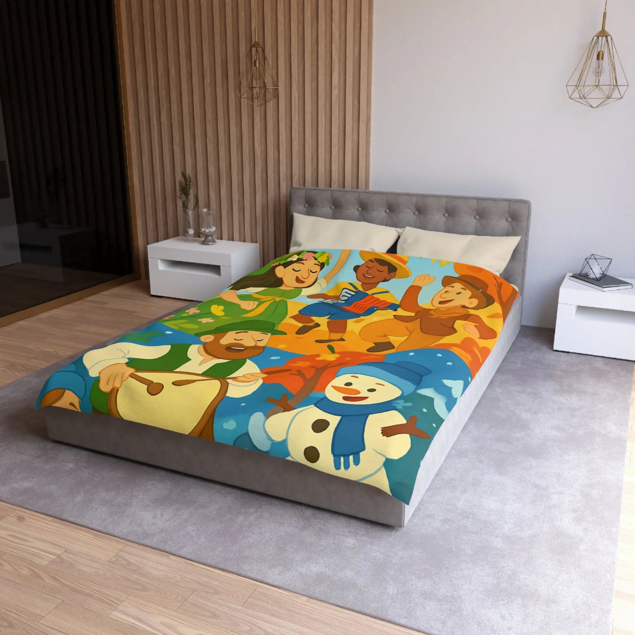 Housse de Couette Colorée aux Saisons : Illustration Danse et Fête Enfantine Joyeuse