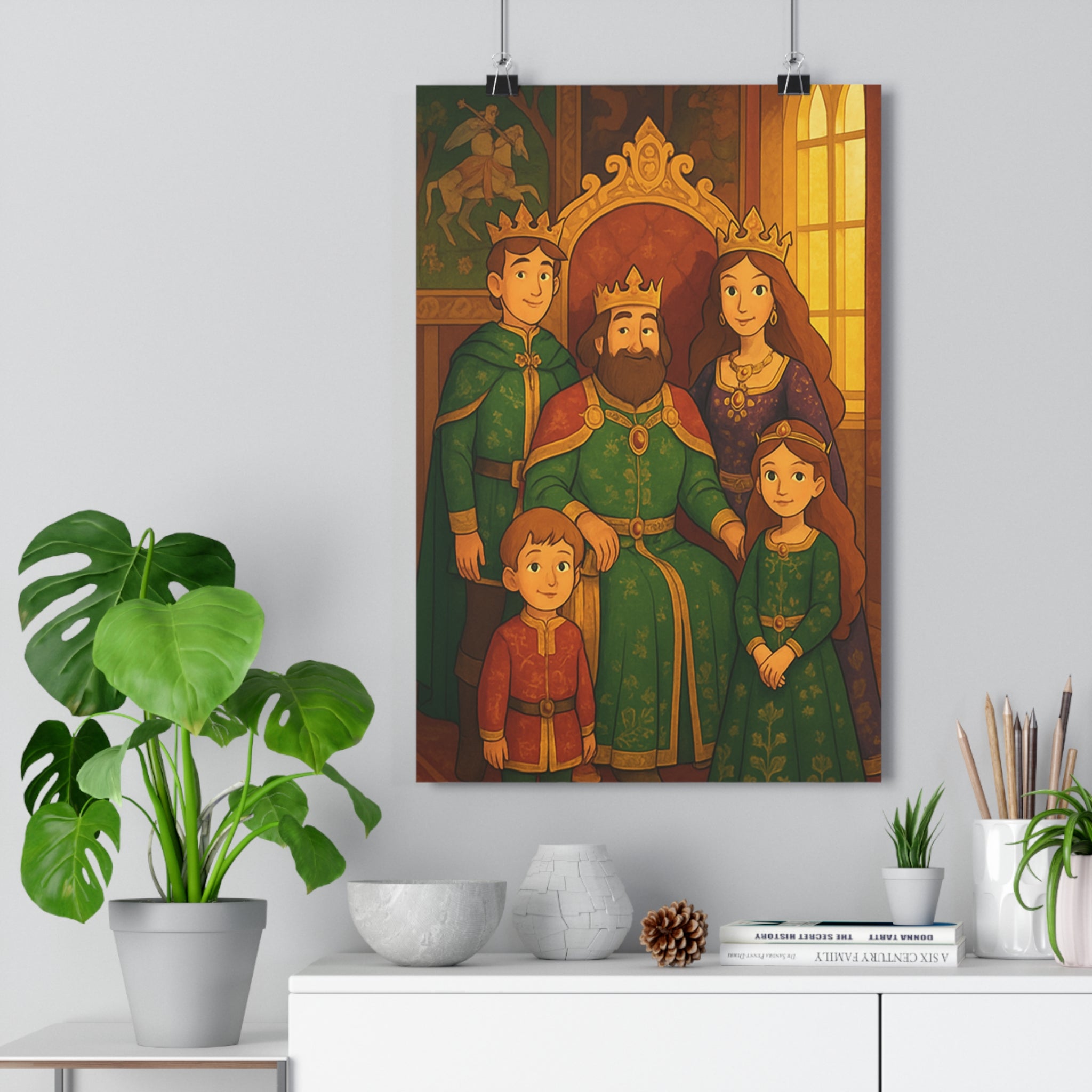 Poster décoratif animé médiéval fantastique royal vert rouge chambre salon roi reine enfants fenêtres