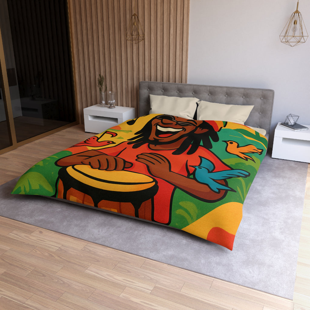 Housse de couette vibrante arc-en-ciel reggae avec tambour, palmiers et oiseaux colorés