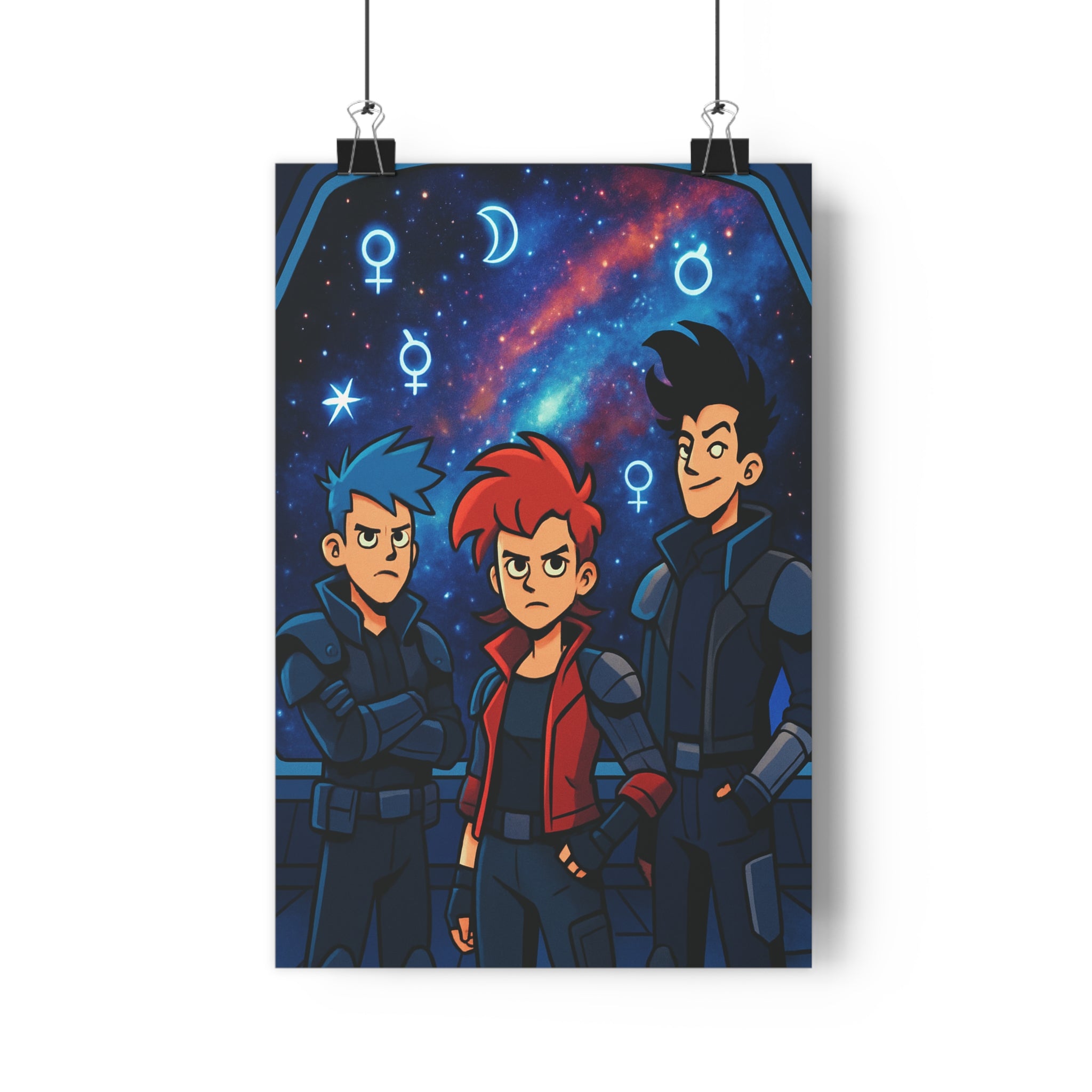 Poster décoratif rétrofuturiste anime bleu rouge aventure espace chambre bureau cosmique vibrant 30x46 qualité