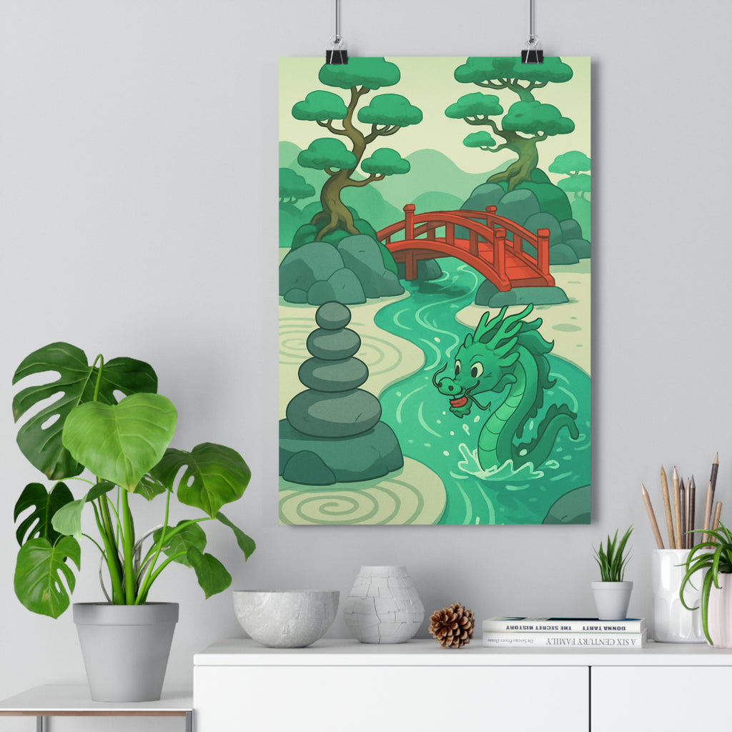 Poster décoratif jardin zen asiatique vert bleu cartoon paisible salon chambre intérieur art mural