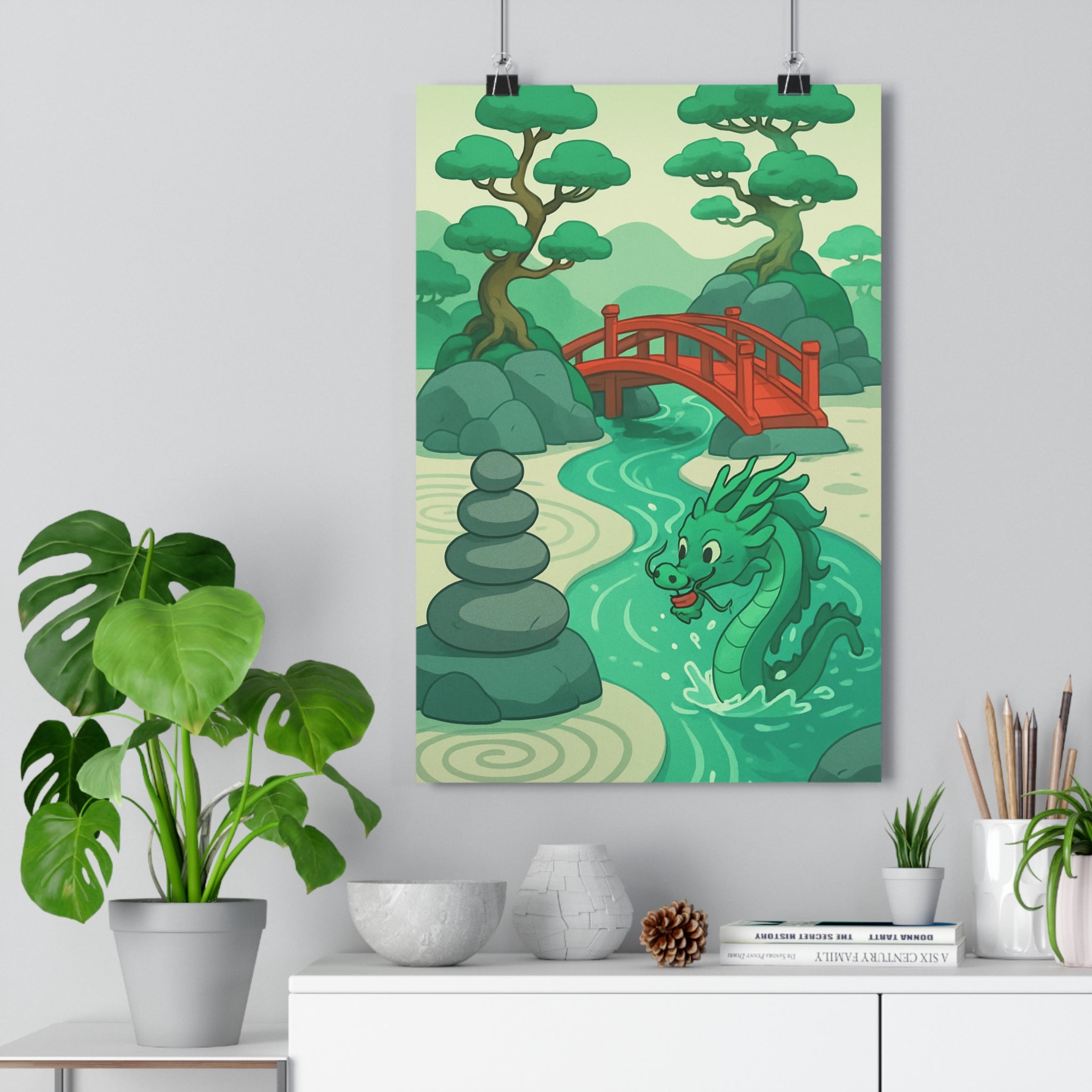 Poster décoratif jardin zen asiatique vert bleu cartoon paisible salon chambre intérieur art mural