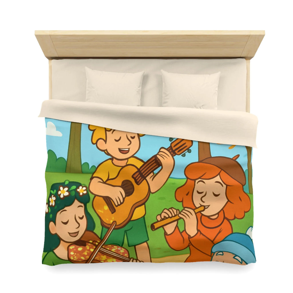 Housse de couette colorée avec enfants jouant de la musique en forêt automnale