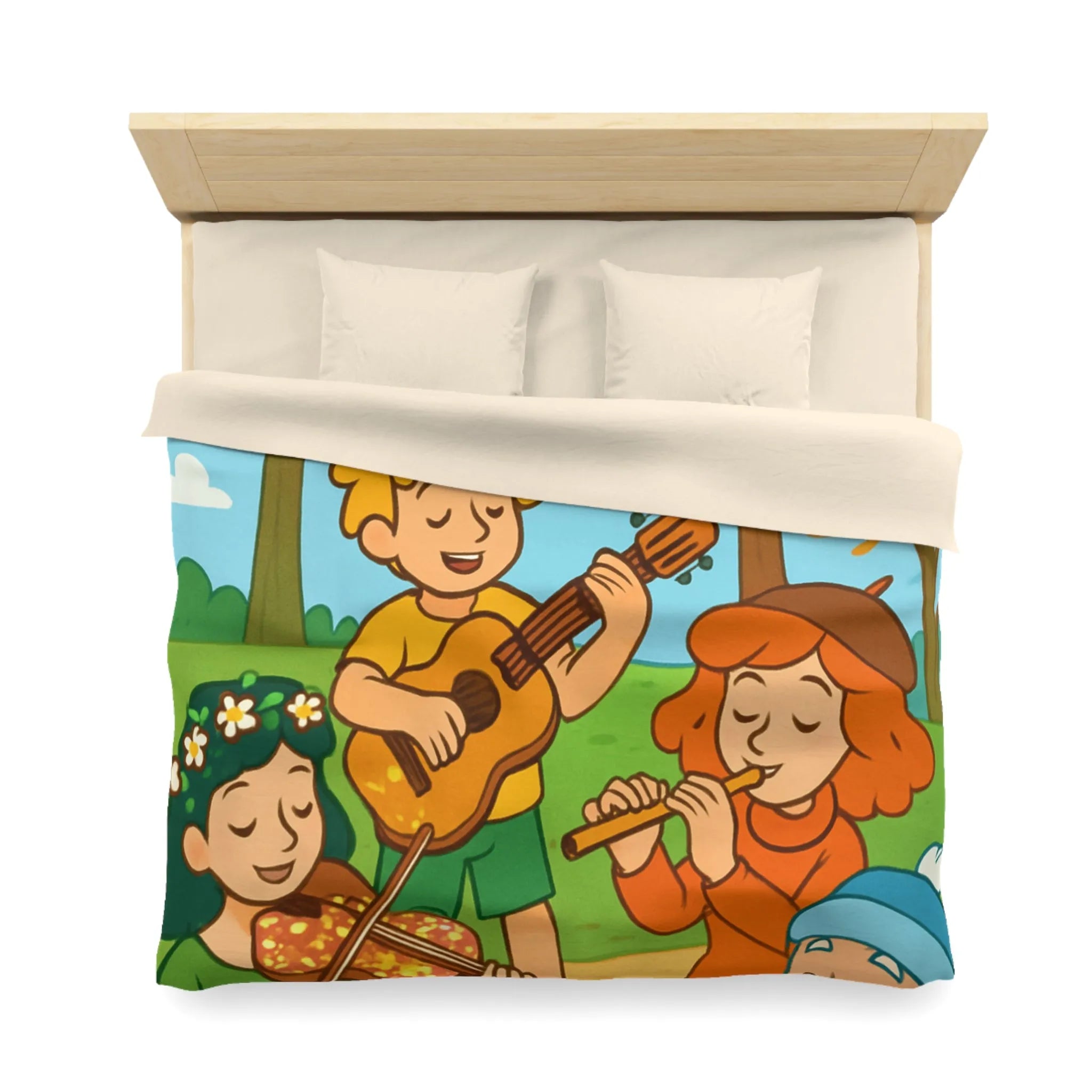 Housse de couette colorée avec enfants jouant de la musique en forêt automnale