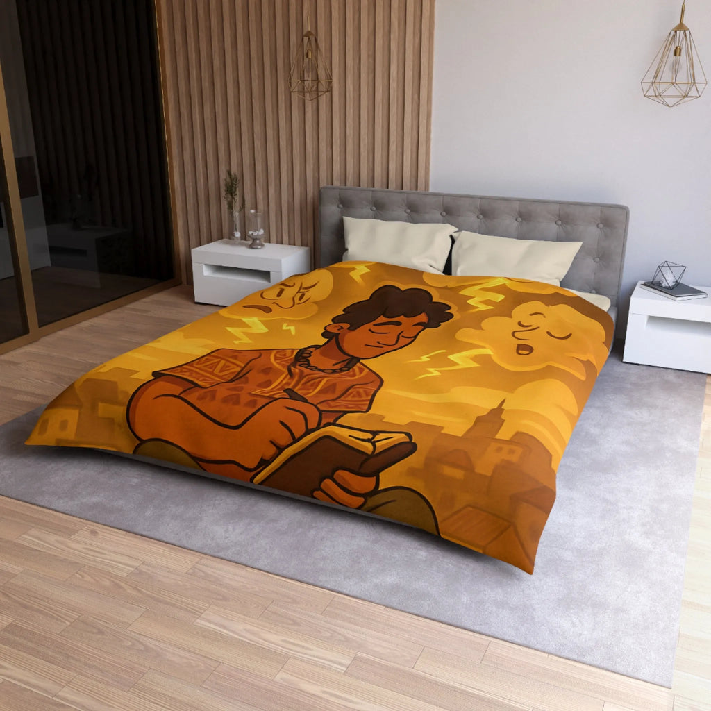 Housse de couette artistique avec motif méditatif, nuageux et expressions émotionnelles illustrées