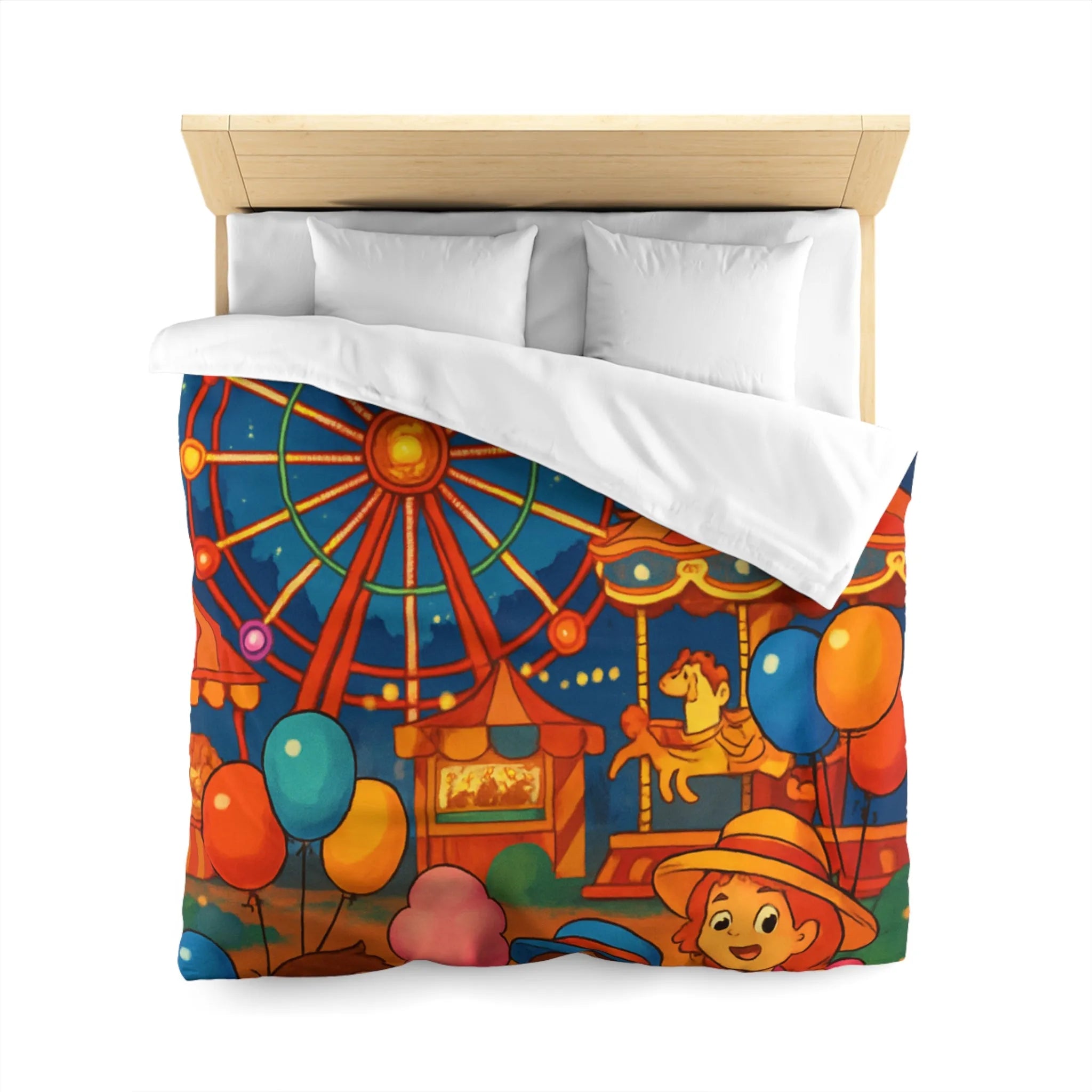 Housse de Couette Enfantine avec Grande Roue, Enfants et Feux d’Artifice Colorés