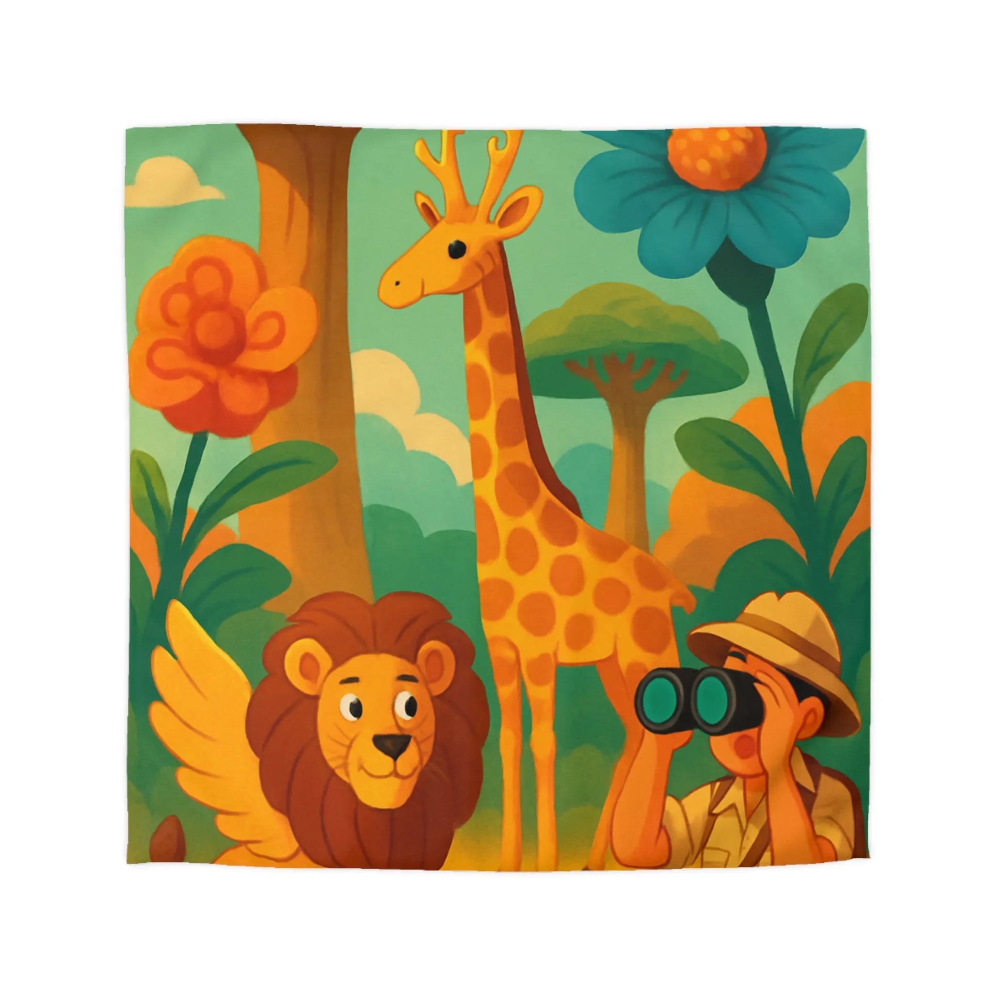 Housse de couette enfant safari : lion, girafe, explorateur, jungle colorée et joyeuse