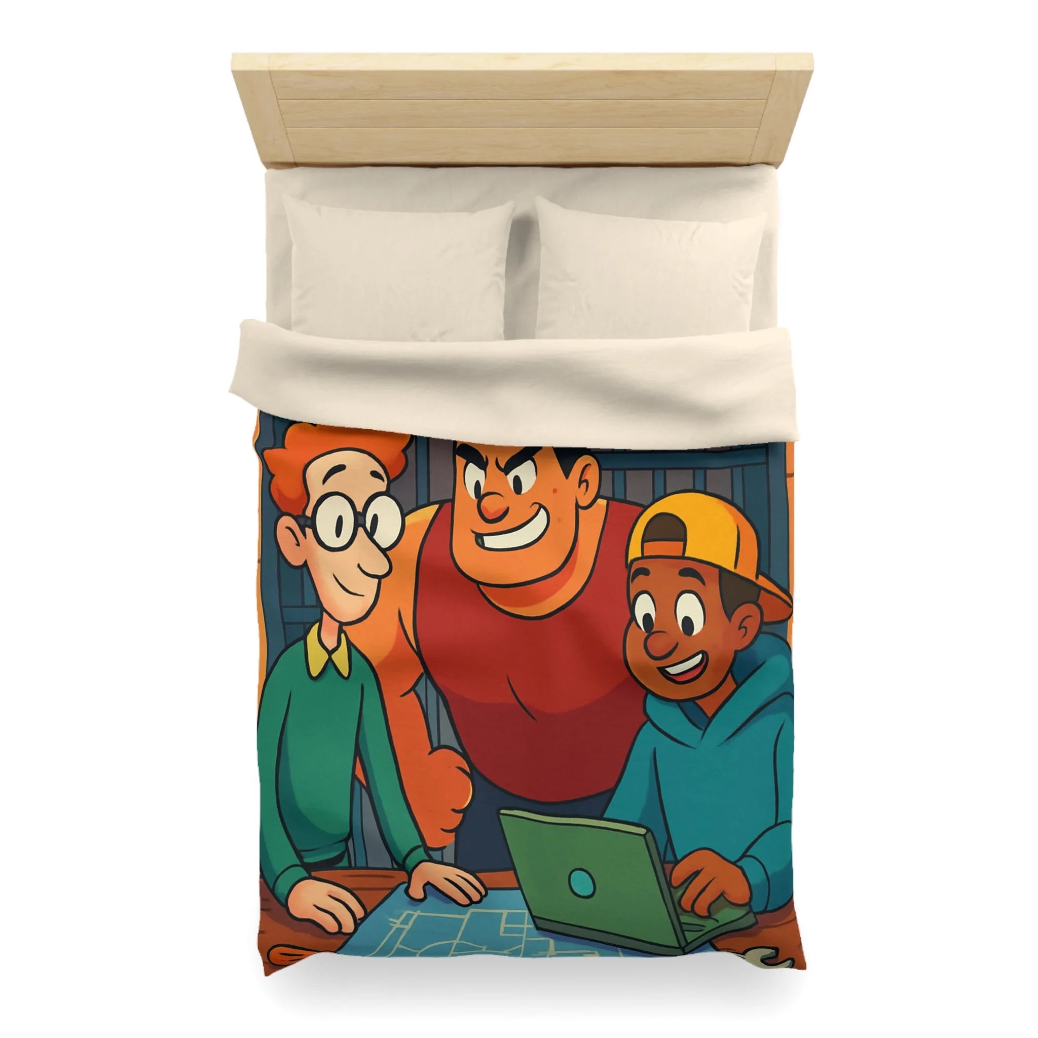 Housse de couette colorée avec plan et personnages animés souriants en arrière-plan