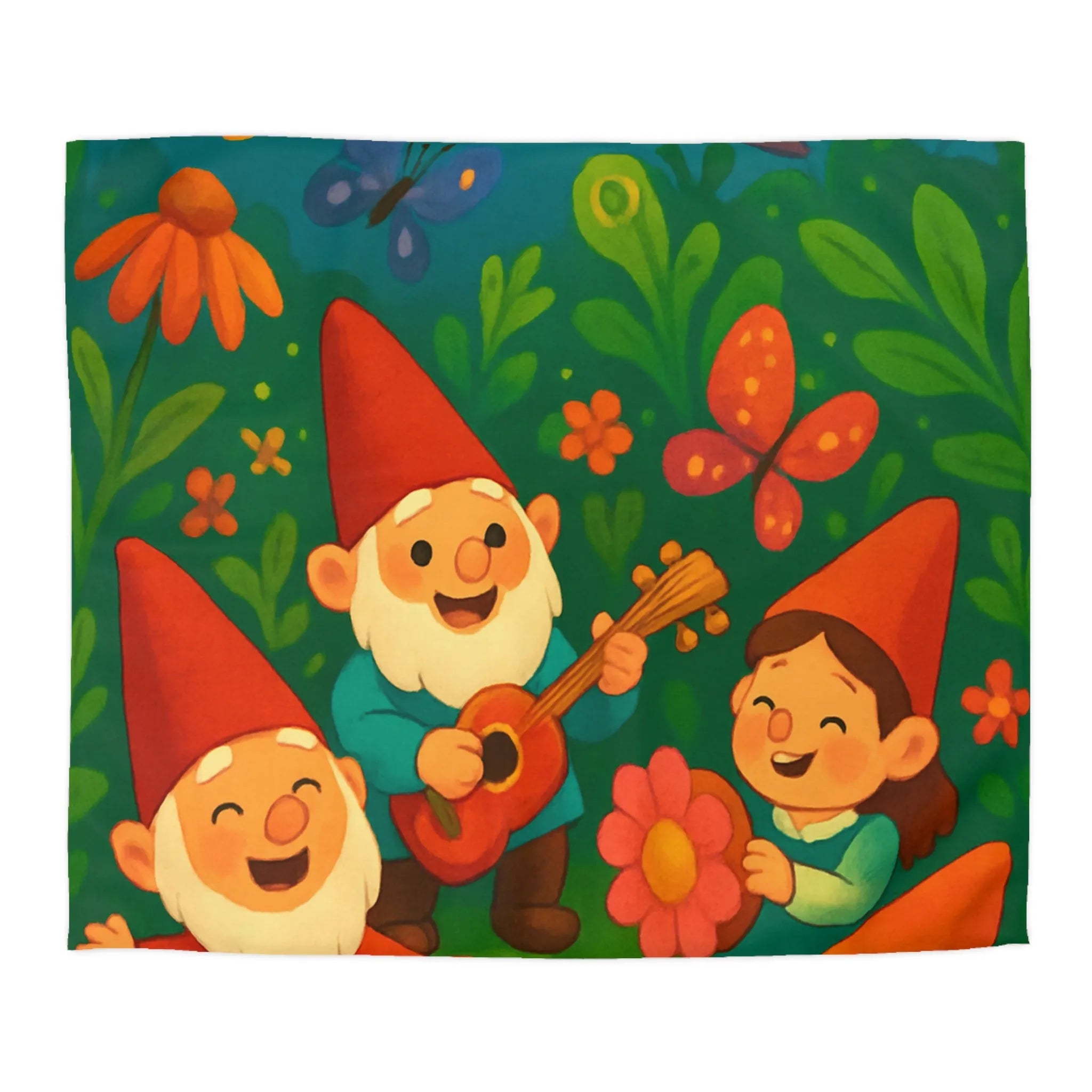 Housse de couette enfant joyeuse aux lutins dans un jardin ensoleillé et fleuri