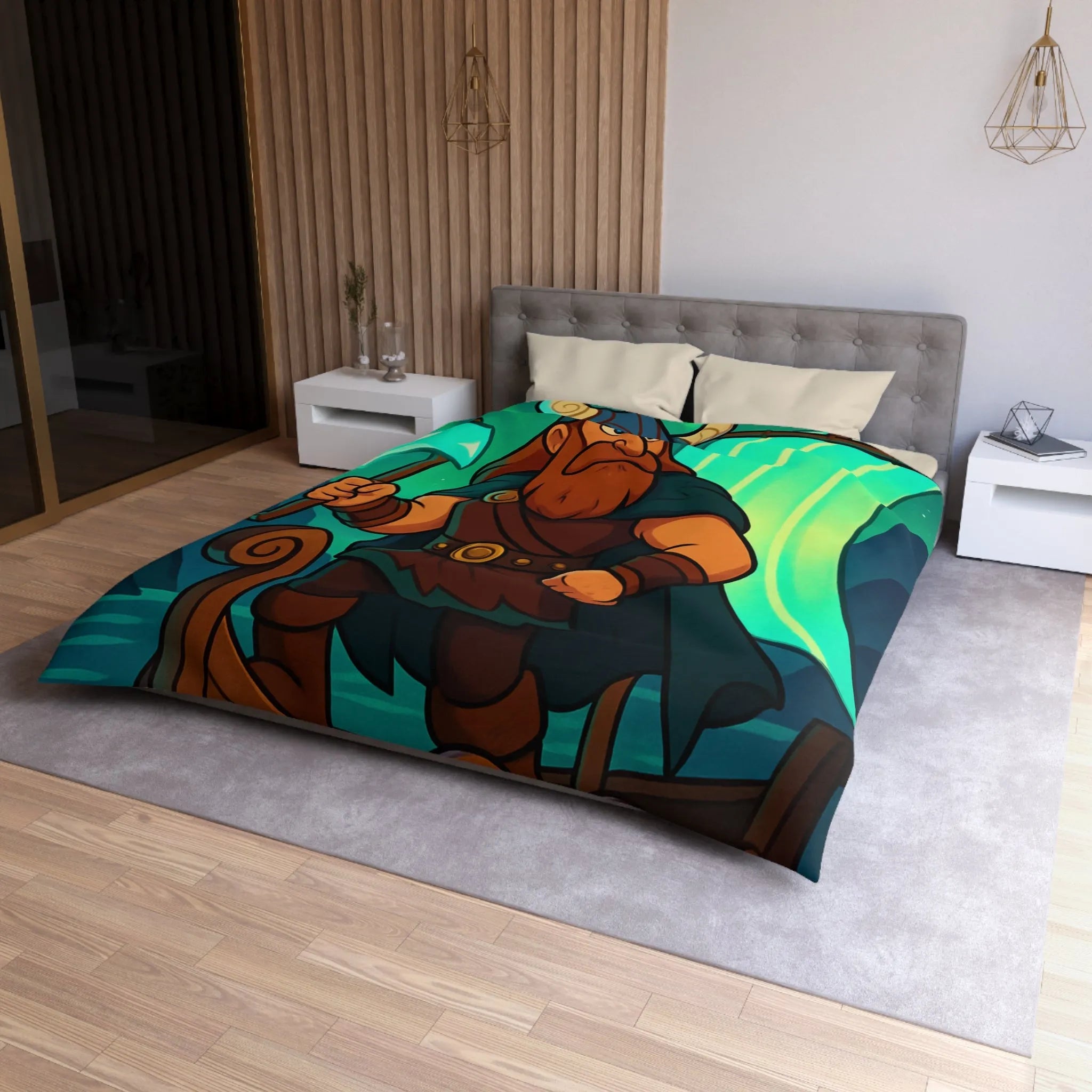 Housse de couette épique viking avec aurore boréale et bateau en pleine mer