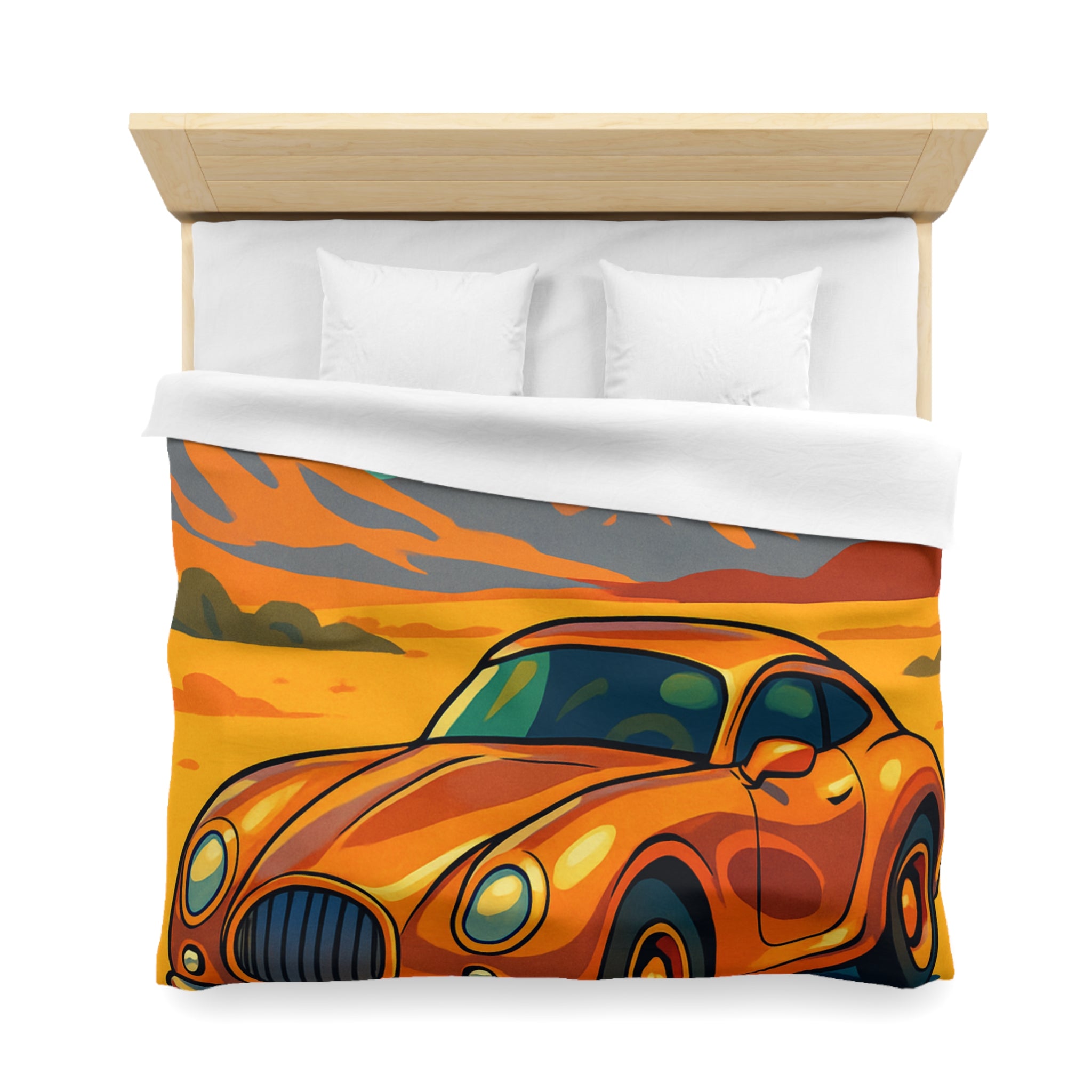 Housse de couette style rétro avec voiture orange désert paisible montagnes lointaines