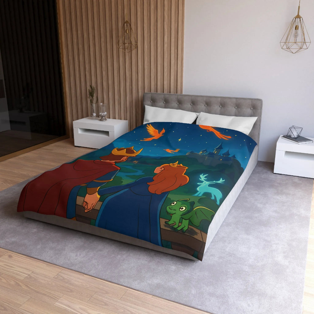 Housse de couette magique avec roi, reine et château sous ciel étoilé enchanté