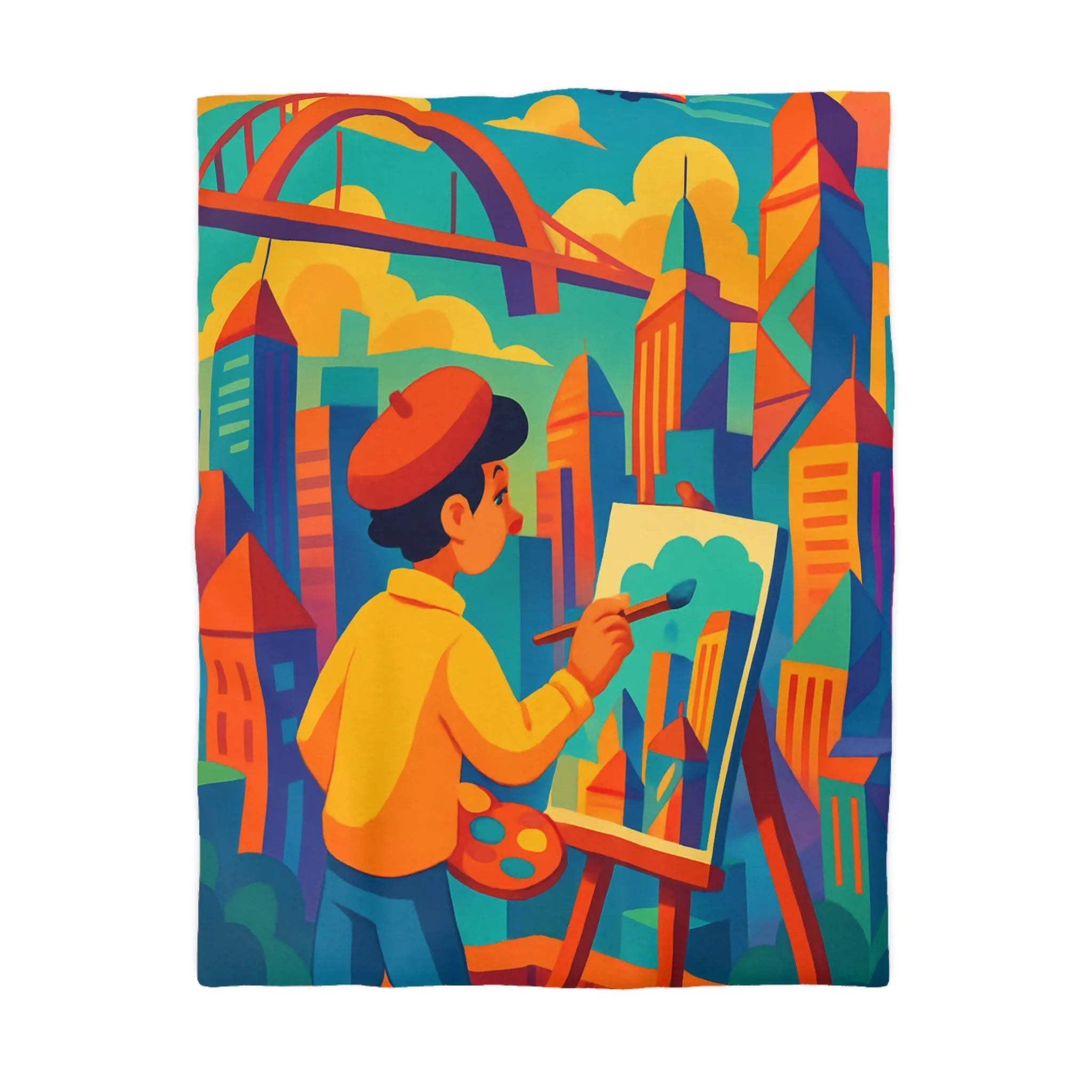 Housse de couette illustrée avec artiste et paysage urbain aux couleurs vibrantes