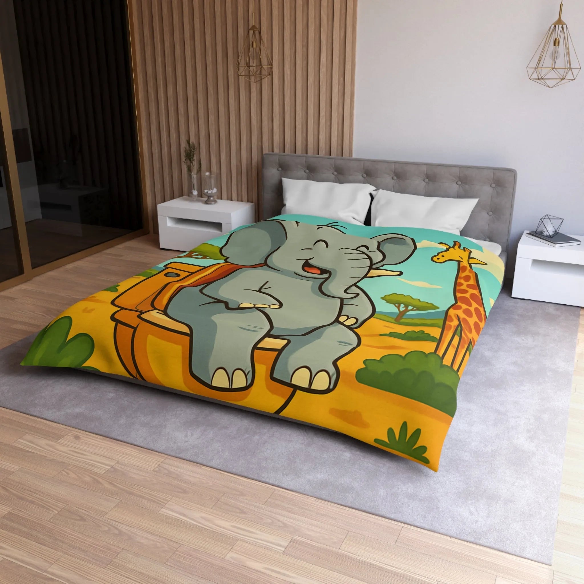 Housse de couette joyeuse éléphant sur toilettes en pleine savane colorée