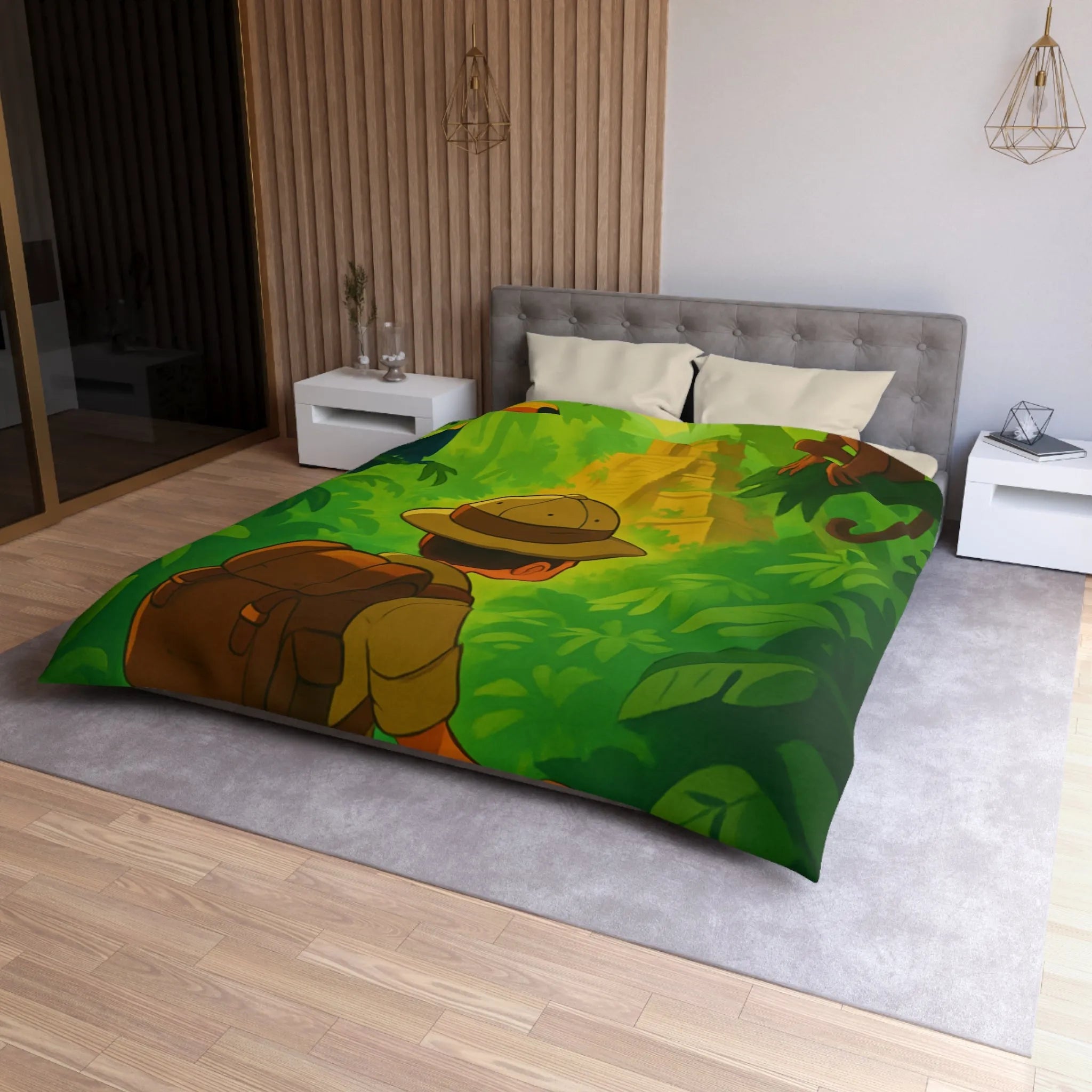 Housse de couette jungle avec aventurier, singe et toucan, ambiance explorateur