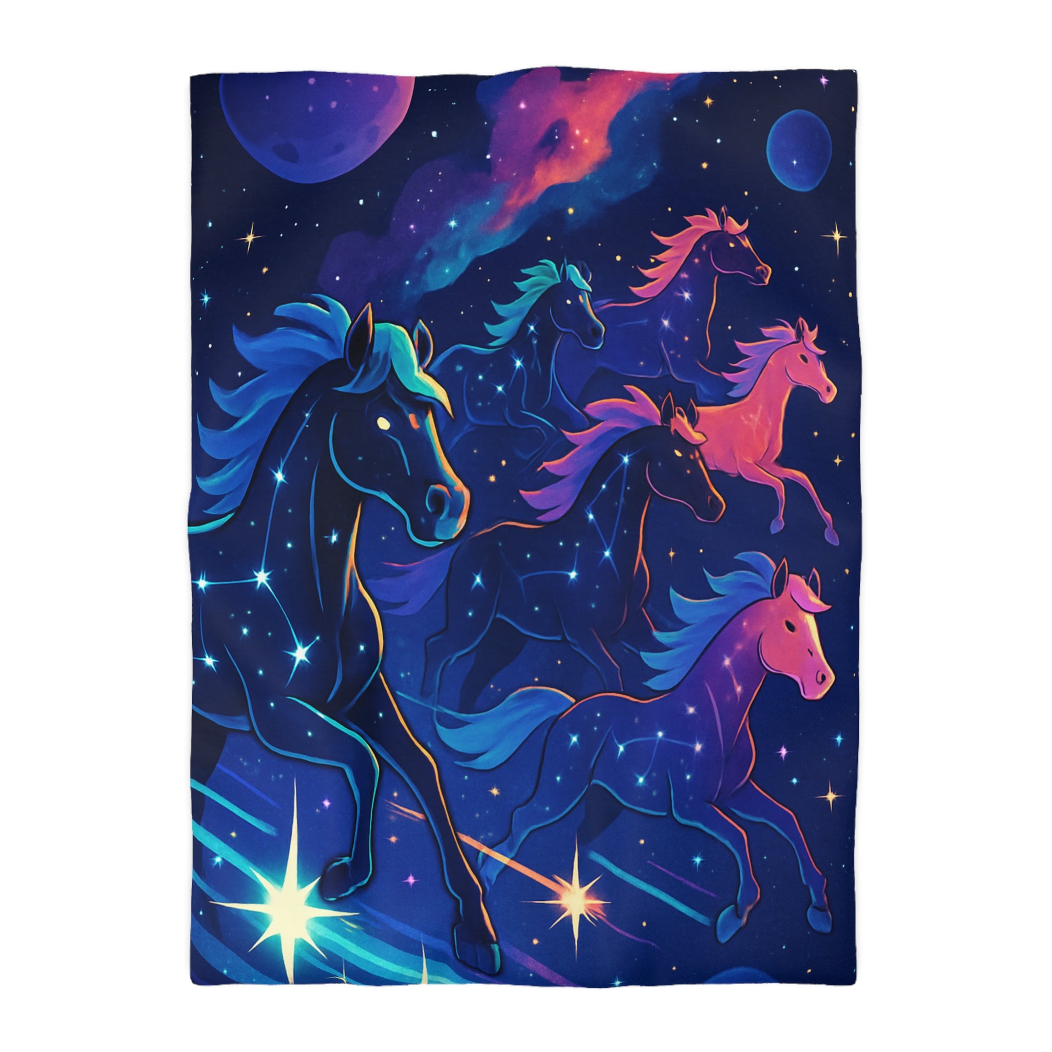 Rêve céleste: chevaux galactiques lumineux dans un univers étoilé et coloré