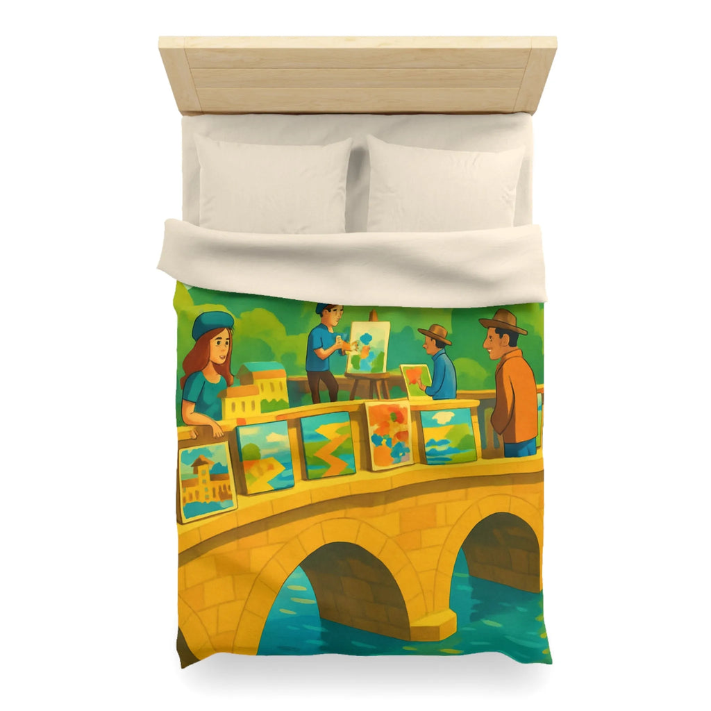 Housse de couette colorée thème pont artistique avec moulins à vent et paysage