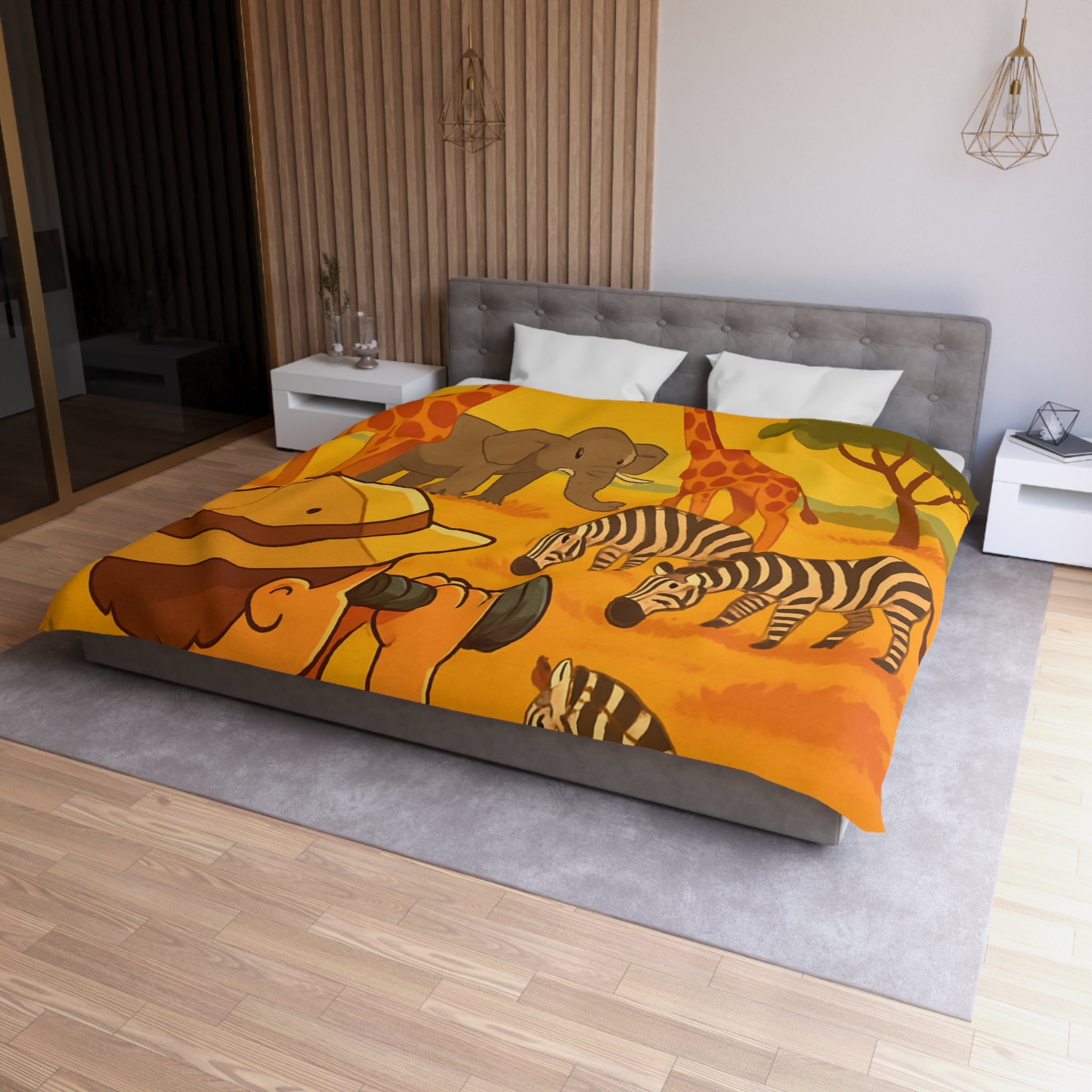 Housse de couette safari enfant avec éléphant, girafes et zèbres dans savane ensoleillée
