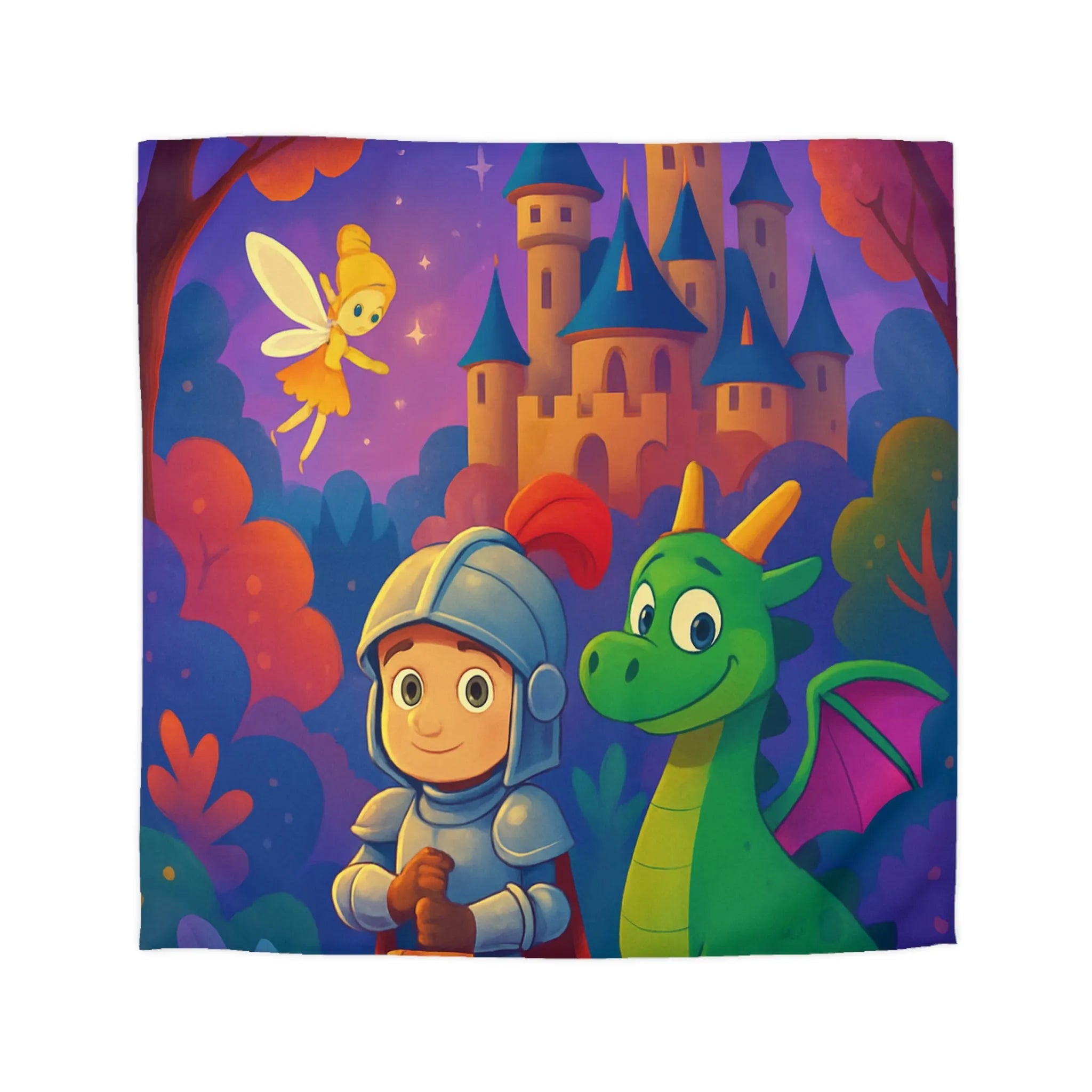 Housse de couette enfants, chevalier et dragon dans forêt enchantée avec fée et château